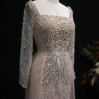Luxury Beaded Champagne Long Sleeve Evening Dress SS632