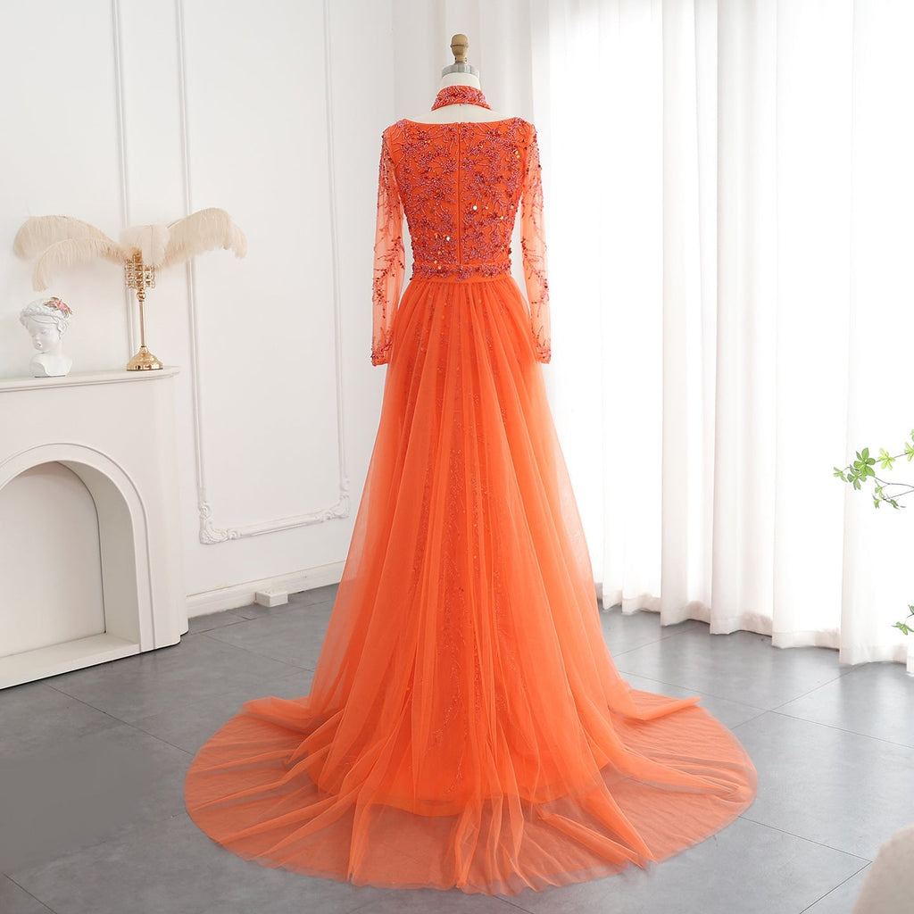 Luxury Beaded Orange Long Sleeves Evening Dress with Overskirt SS222