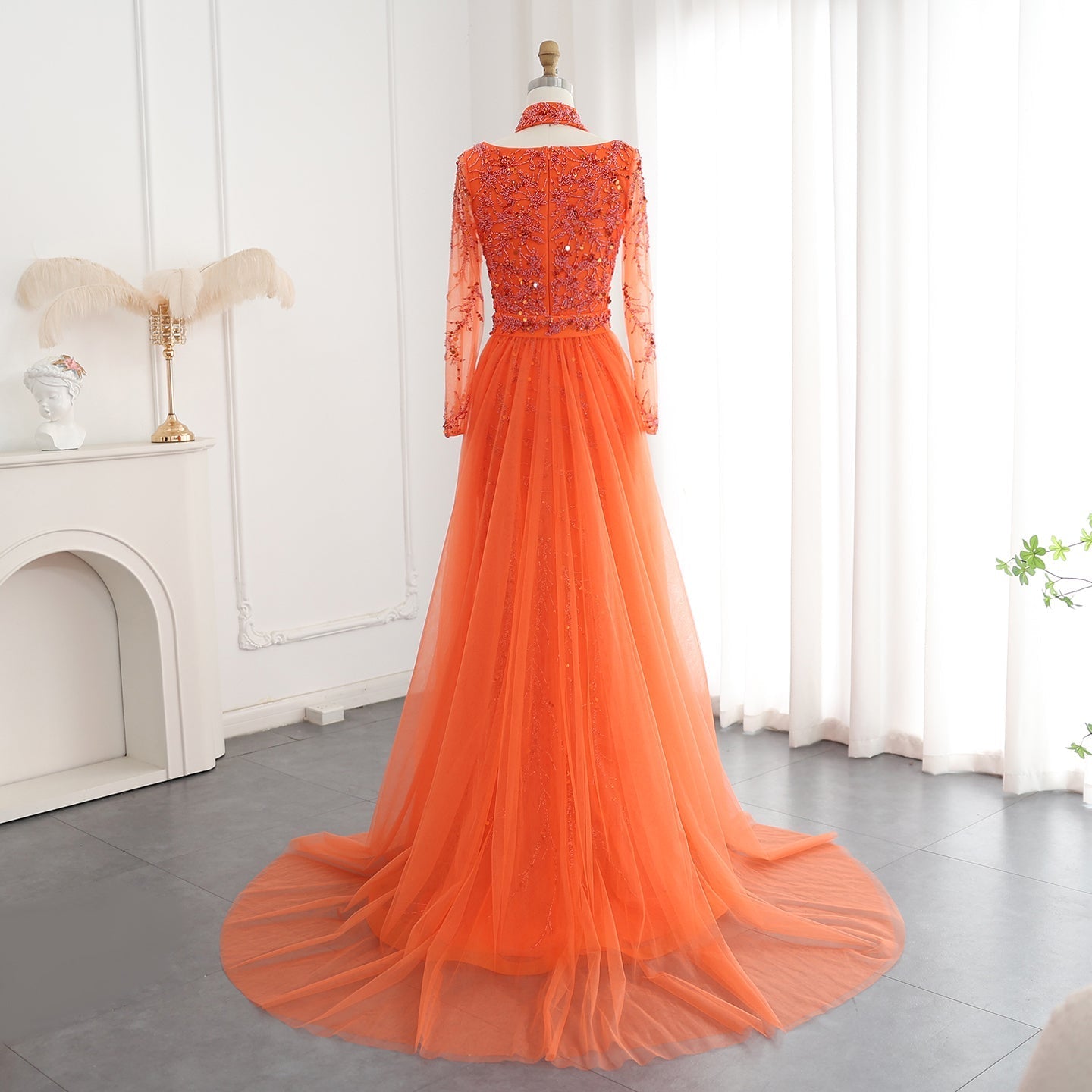 Luxury Beaded Orange Long Sleeves Evening Dress with Overskirt SS222