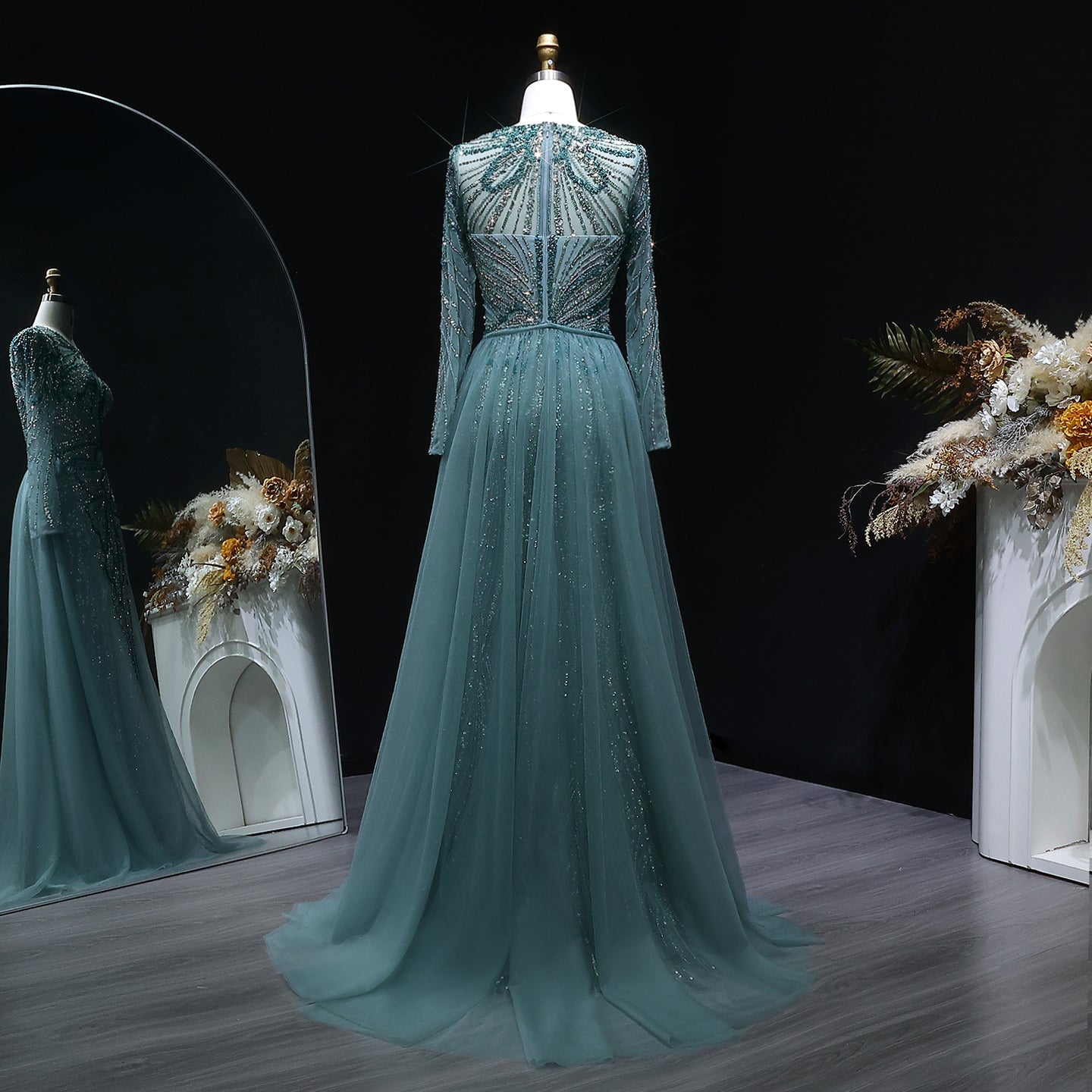 Glamorous Green Beaded High Slit Evening Dress with Overskirt SS160