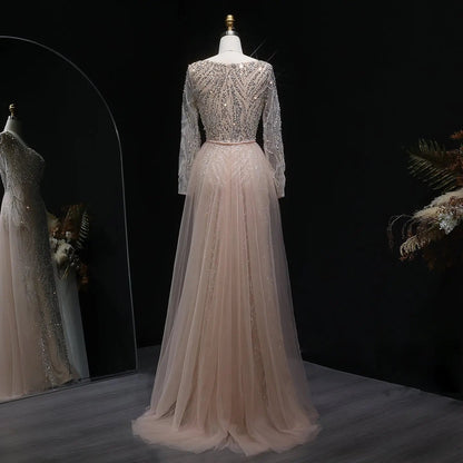 Luxury Beaded Champagne Long Sleeve Evening Dress SS632