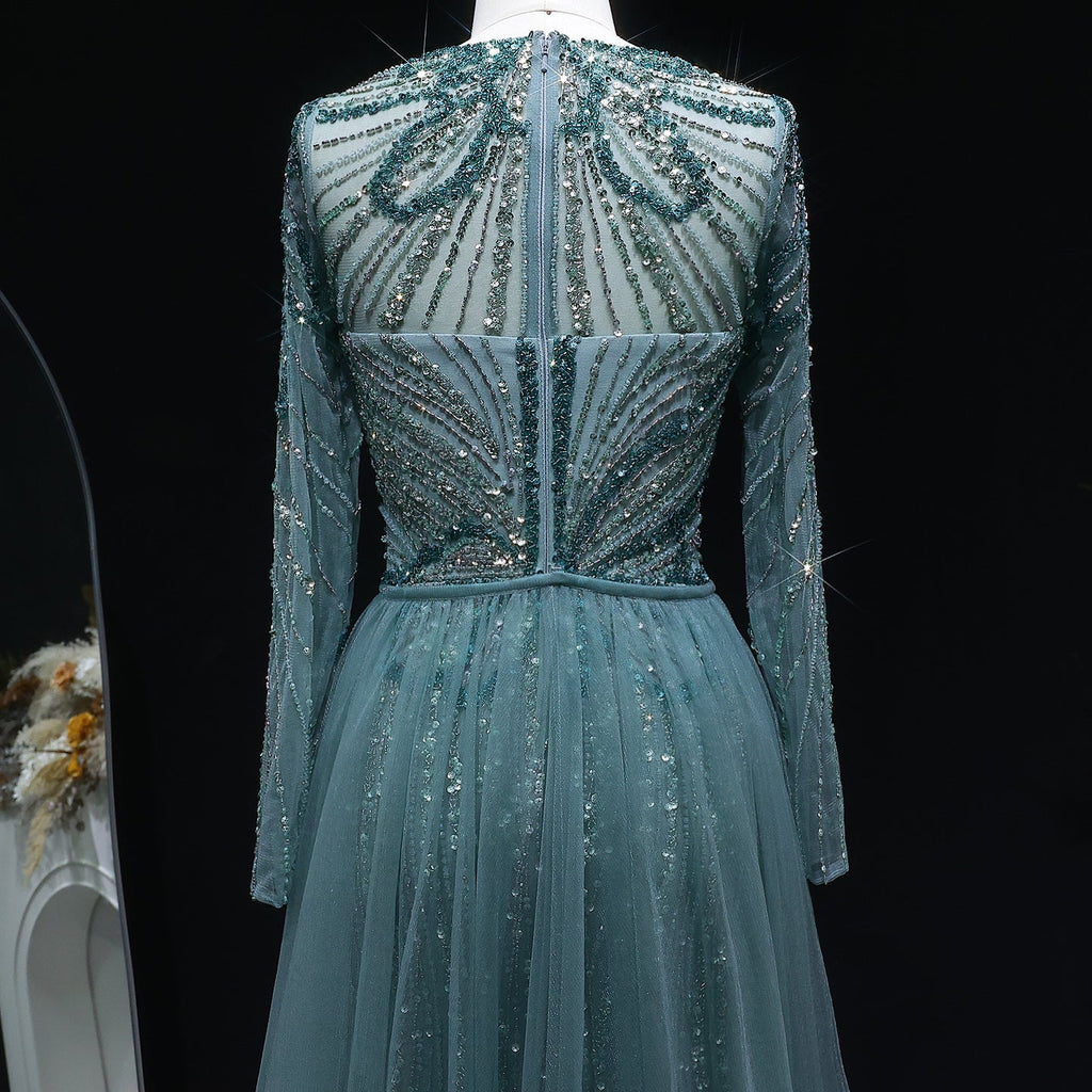 Glamorous Green Beaded High Slit Evening Dress with Overskirt SS160