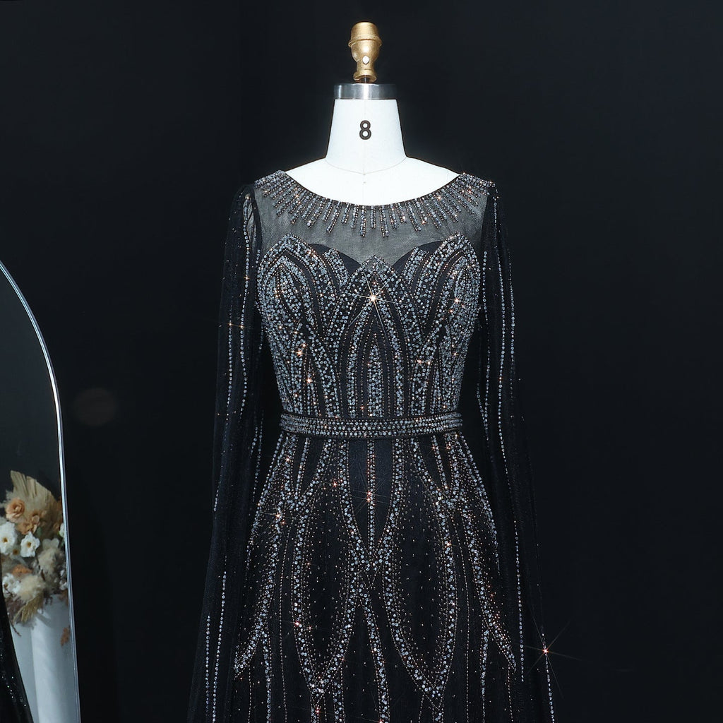 Stunning Beaded Blue Scoop Neck Evening Dress with Cape Sleeve SS032