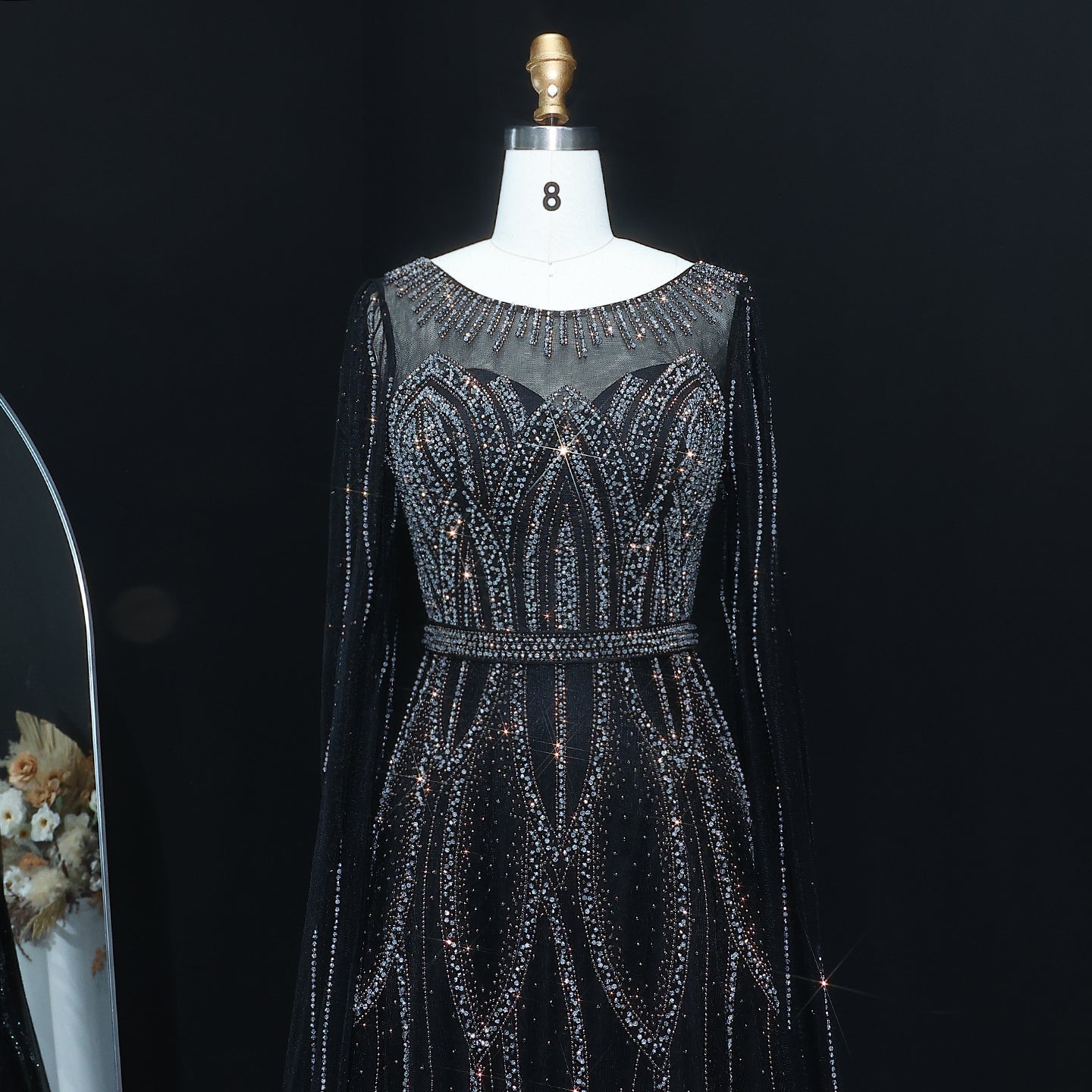 Stunning Beaded Blue Scoop Neck Evening Dress with Cape Sleeve SS032