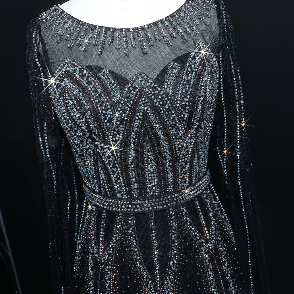 Stunning Beaded Blue Scoop Neck Evening Dress with Cape Sleeve SS032