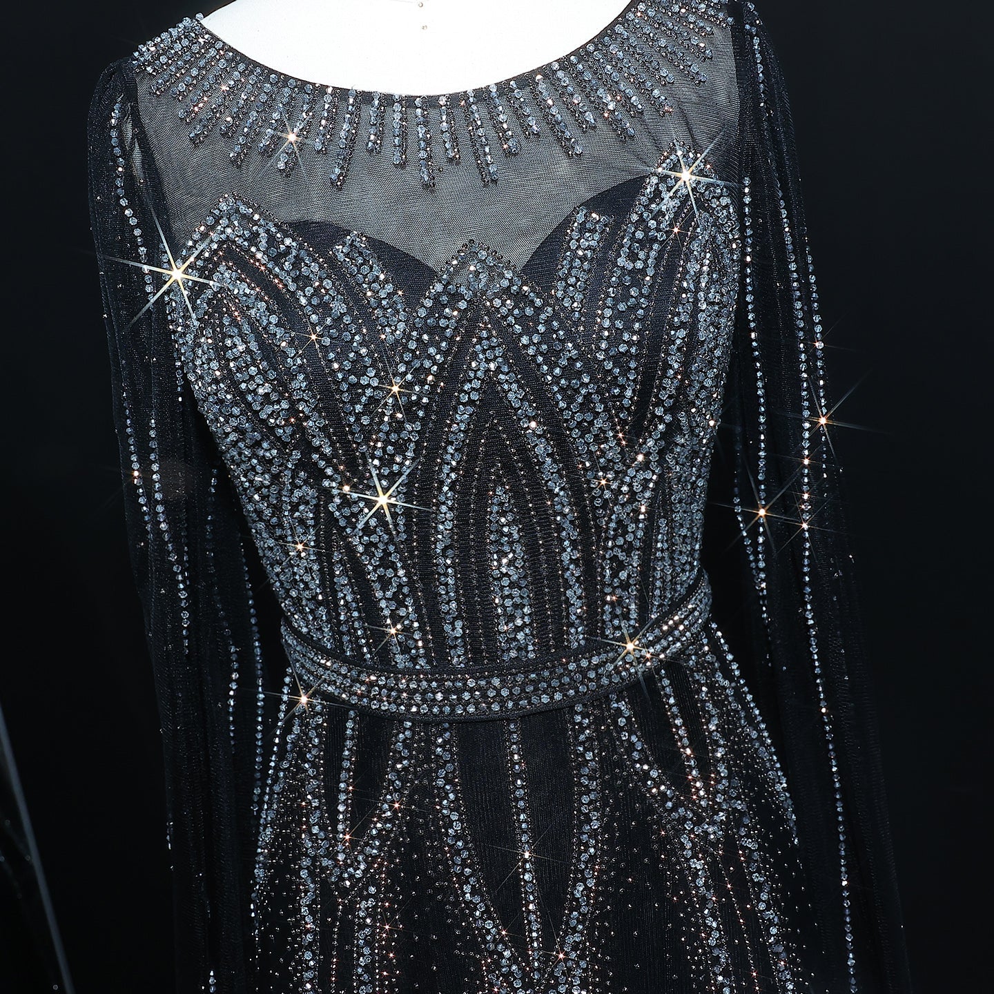 Stunning Beaded Blue Scoop Neck Evening Dress with Cape Sleeve SS032