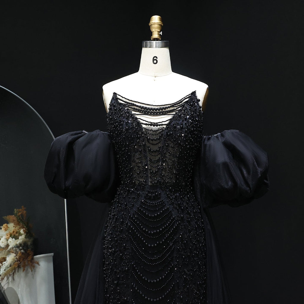 Luxury Silver Beaded Evening Dress with Puff Sleeves/Tulle Train SS289