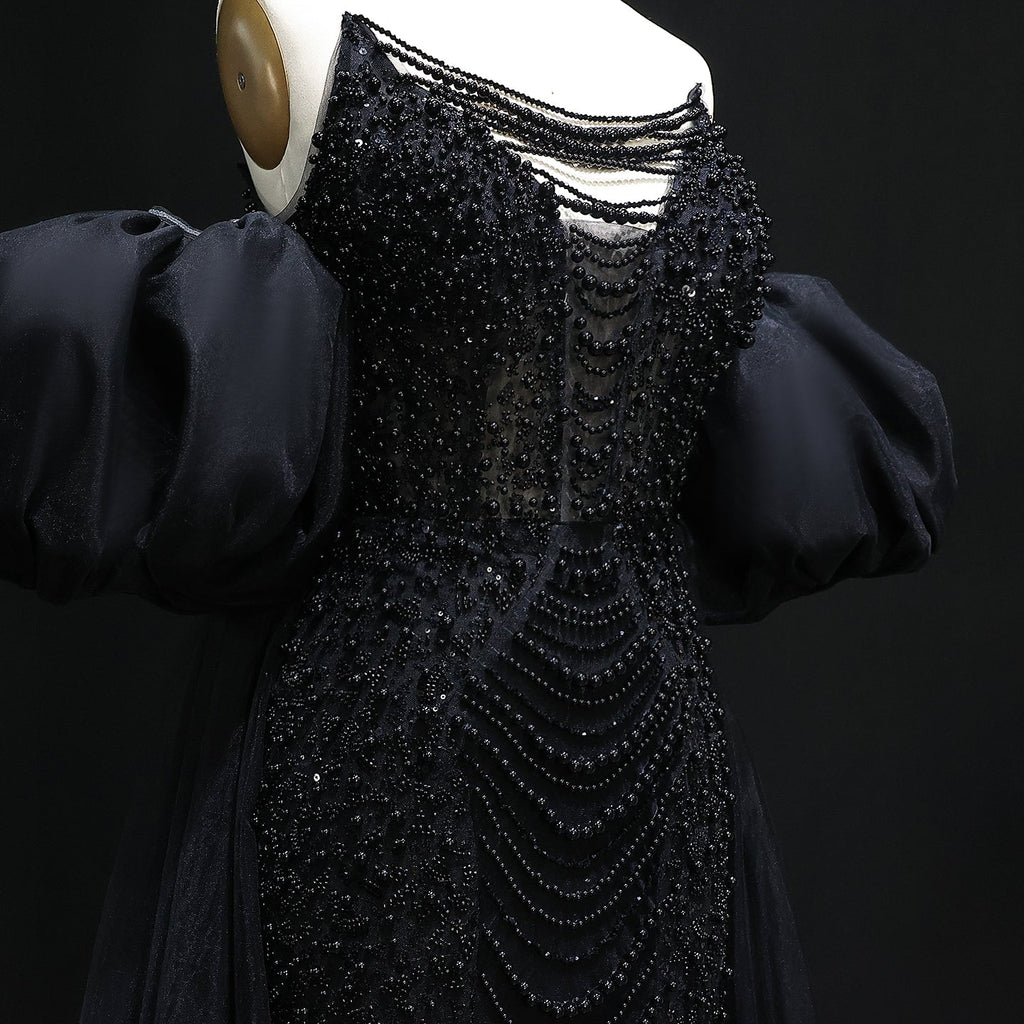 Luxury Silver Beaded Evening Dress with Puff Sleeves/Tulle Train SS289