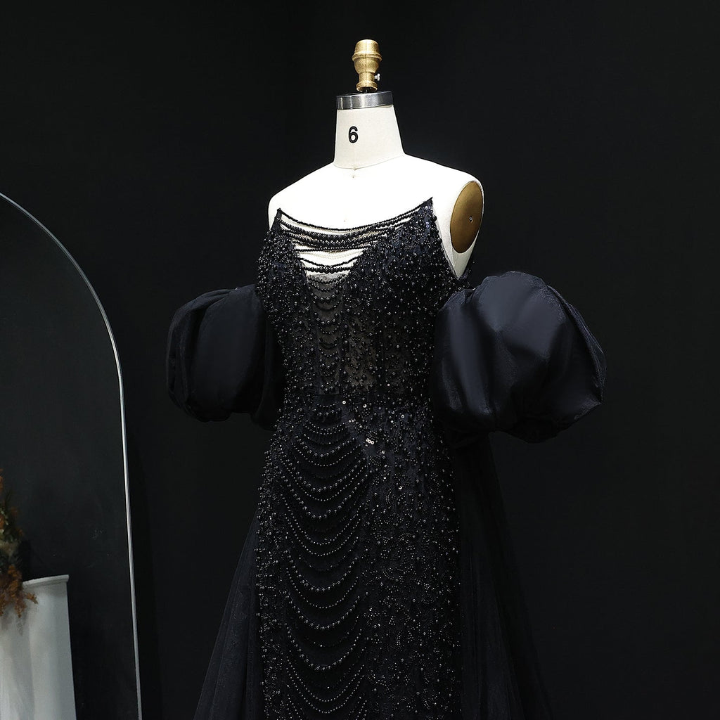 Luxury Silver Beaded Evening Dress with Puff Sleeves/Tulle Train SS289