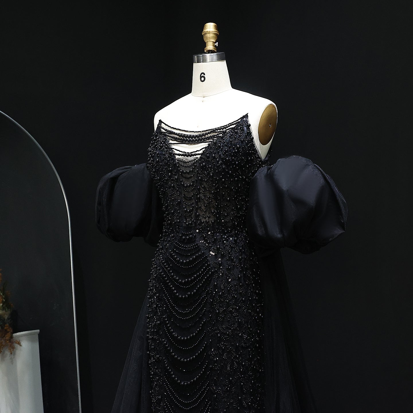 Luxury Silver Beaded Evening Dress with Puff Sleeves/Tulle Train SS289