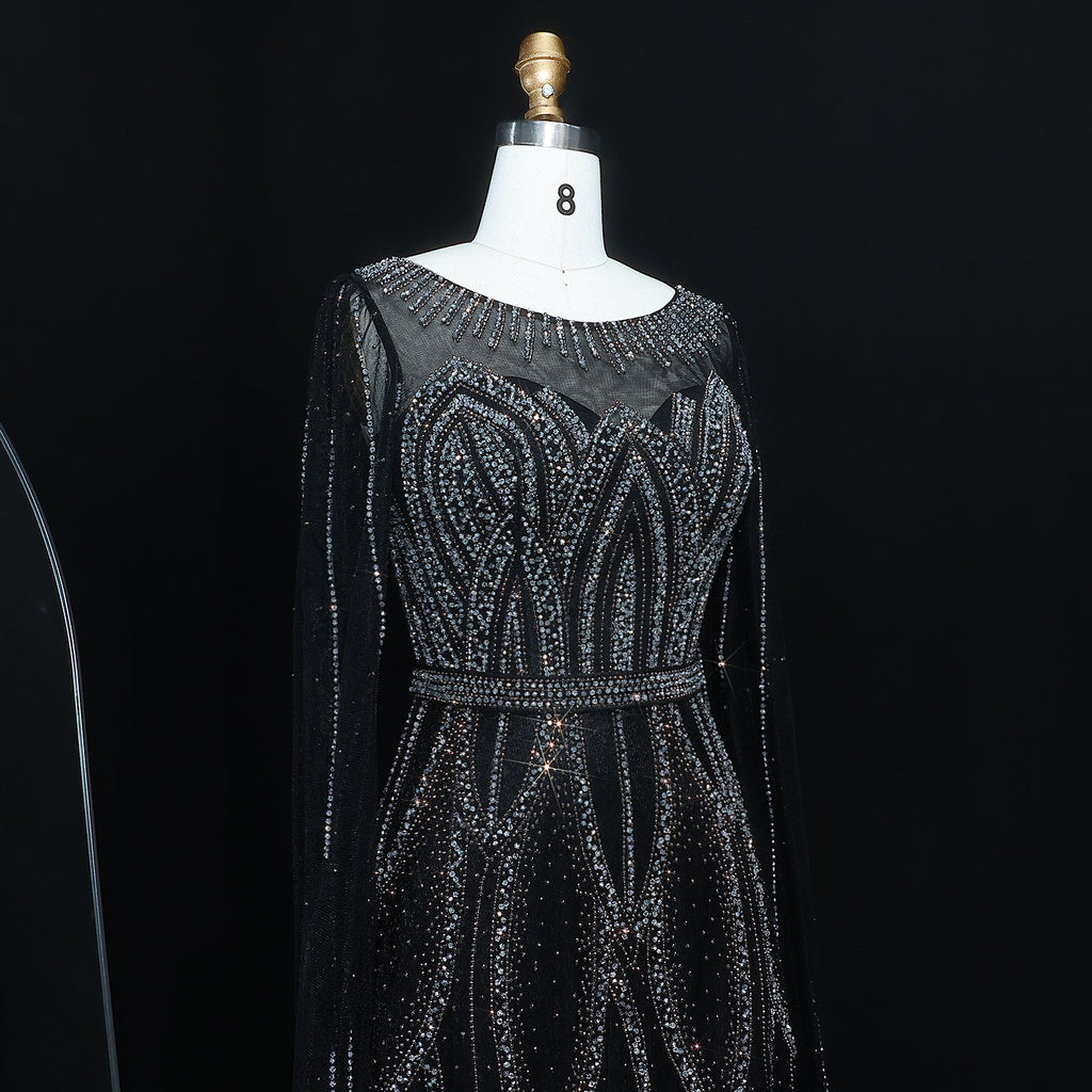 Stunning Beaded Blue Scoop Neck Evening Dress with Cape Sleeve SS032