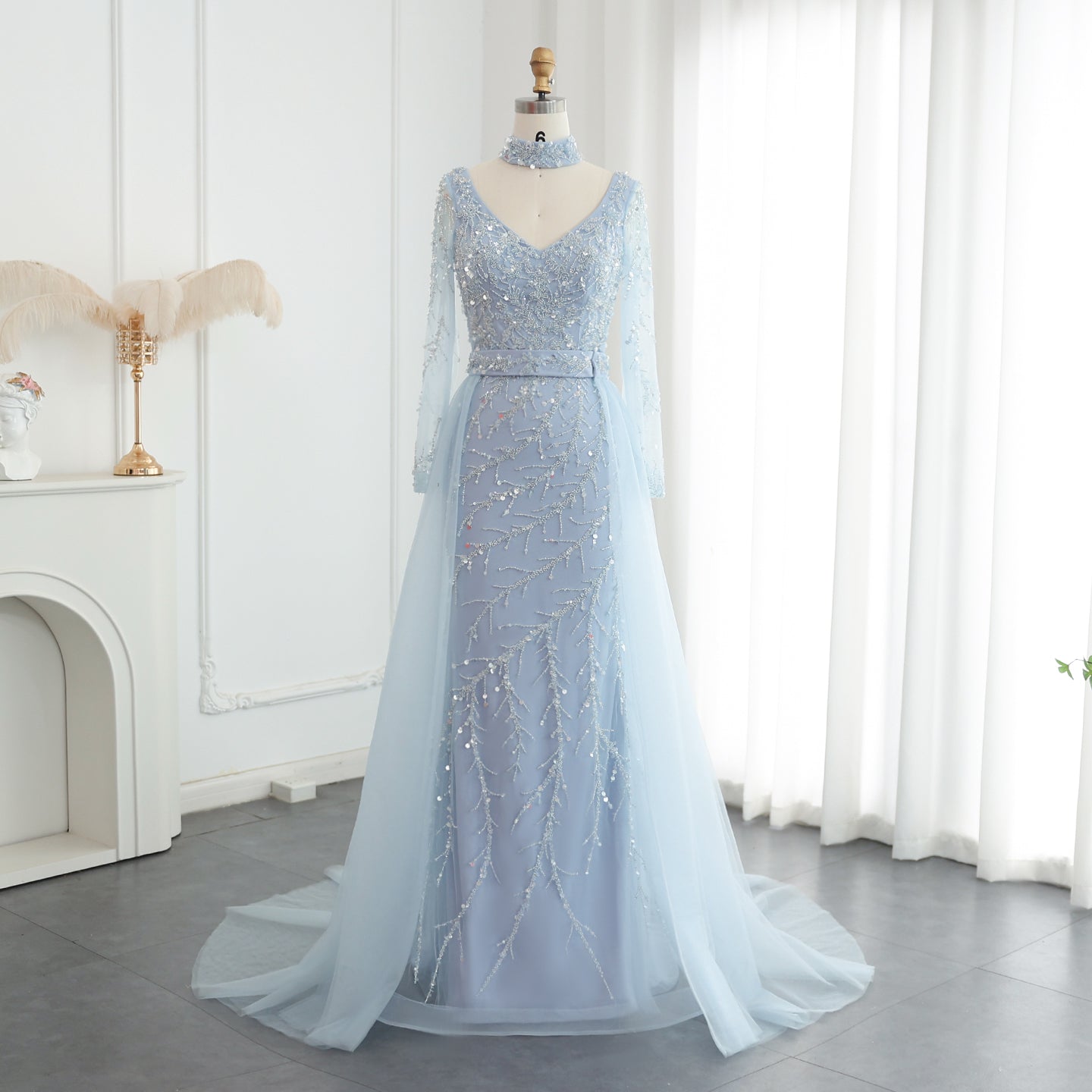 Luxury Beaded Orange Long Sleeves Evening Dress with Overskirt SS222