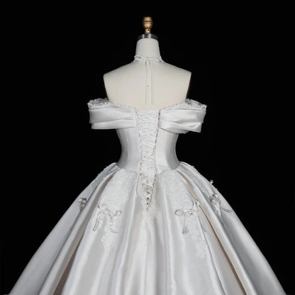 Off the Shoulder White Satin Ball Gown Wedding Dress with Long Cathedral Train SW675