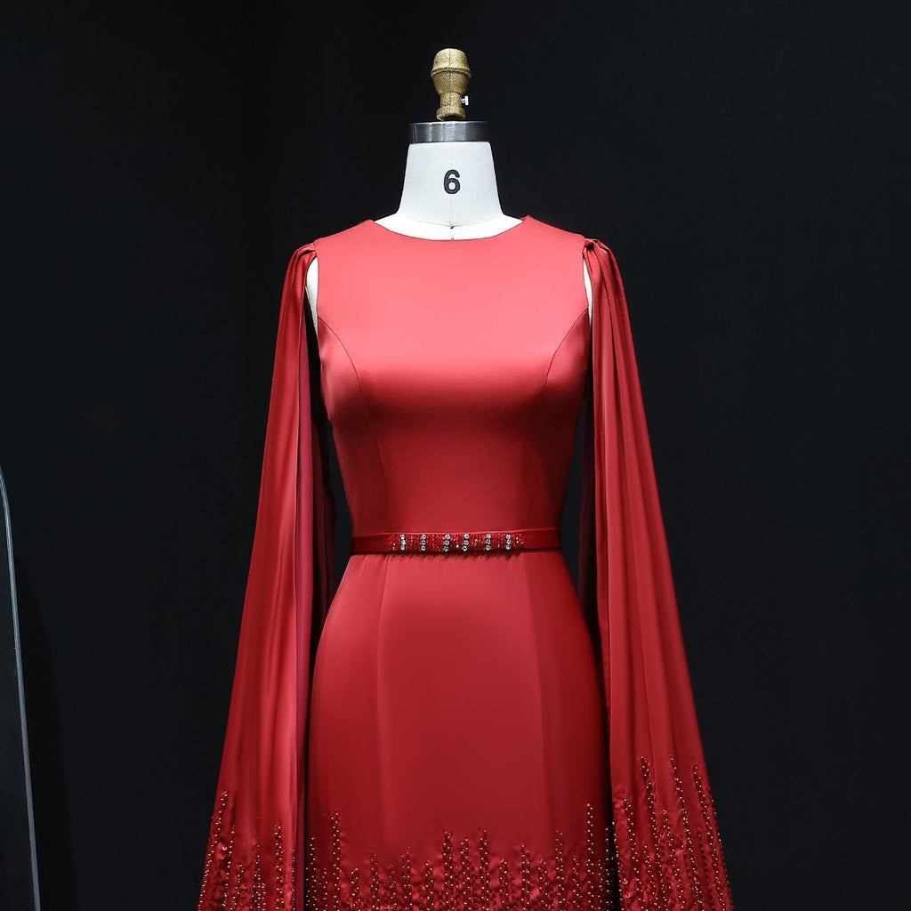 Luxury Nude Tiered Ruffles Mermaid Evening Dress with Cape Sleeves SS440