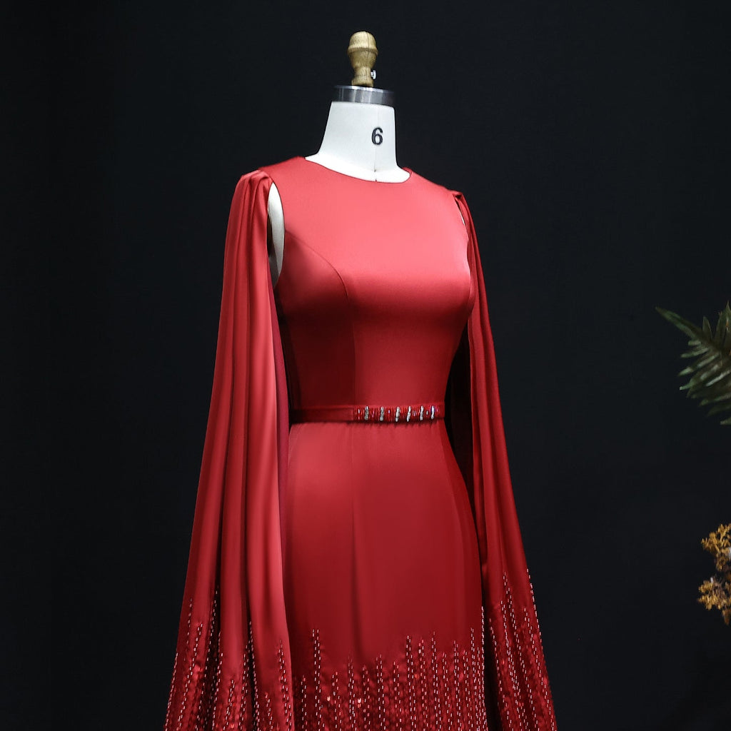 Luxury Nude Tiered Ruffles Mermaid Evening Dress with Cape Sleeves SS440