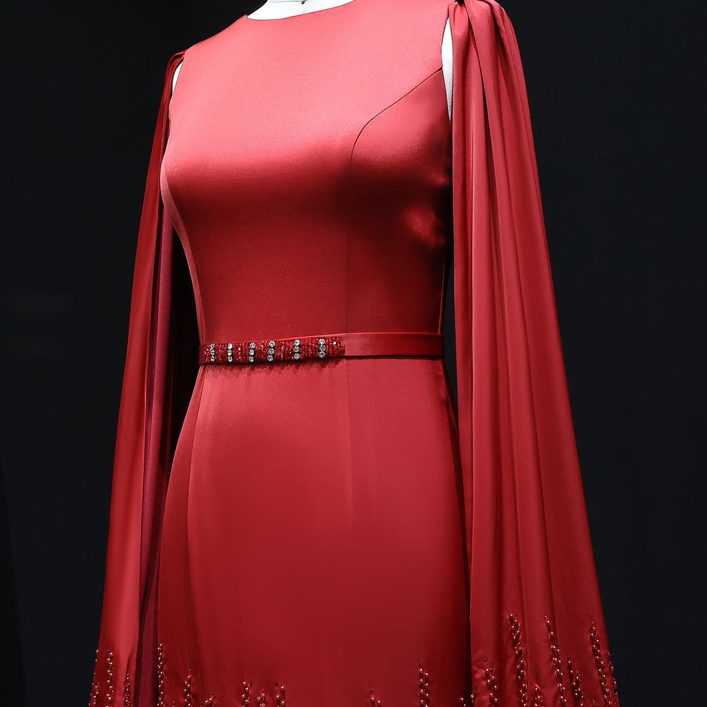Luxury Nude Tiered Ruffles Mermaid Evening Dress with Cape Sleeves SS440