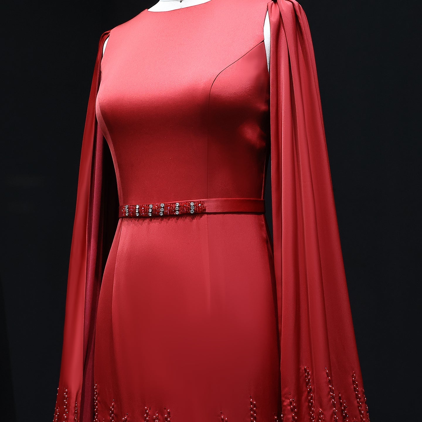 Luxury Nude Tiered Ruffles Mermaid Evening Dress with Cape Sleeves SS440