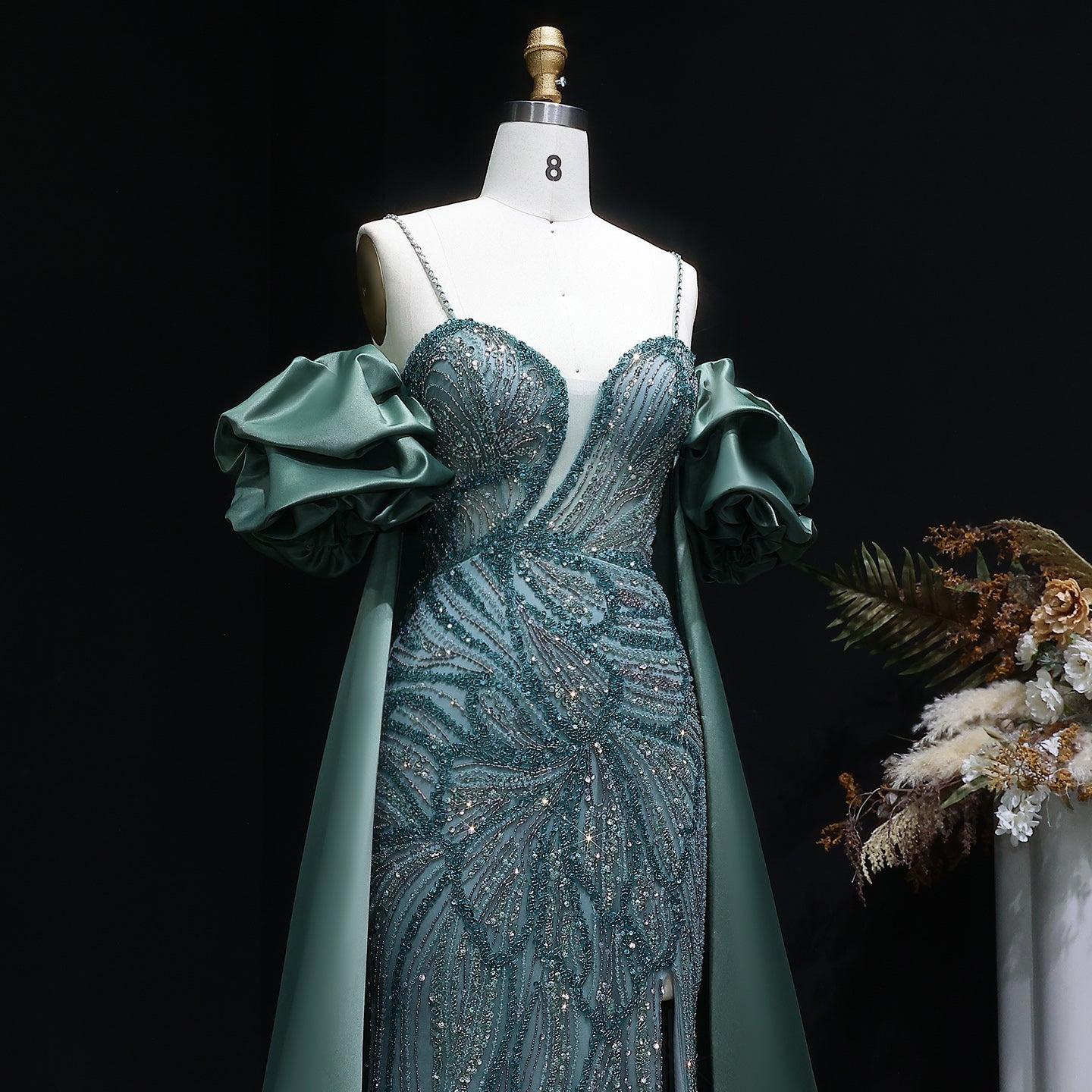 Luxury Lilac High-Slit Beaded Cape Evening Dress with Cap Sleeves SS157