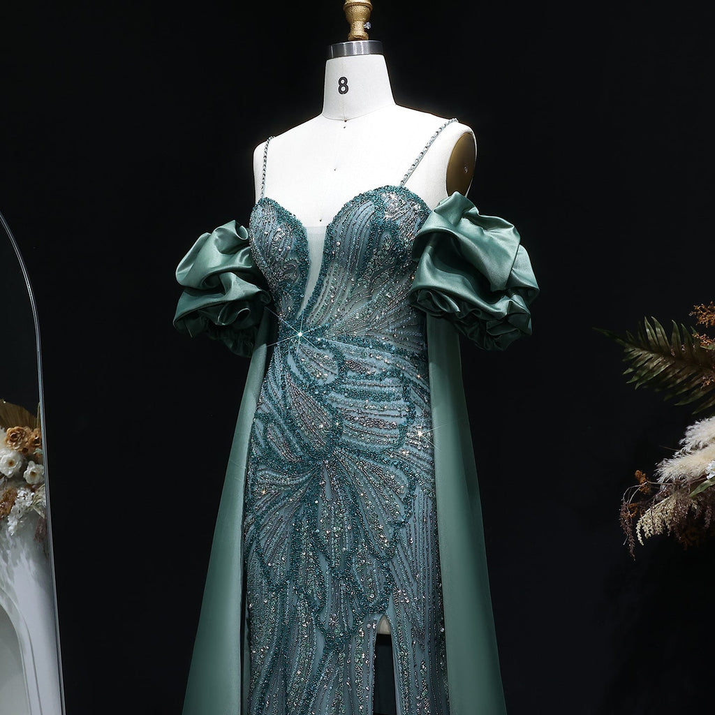 Luxury Lilac High-Slit Beaded Cape Evening Dress with Cap Sleeves SS157