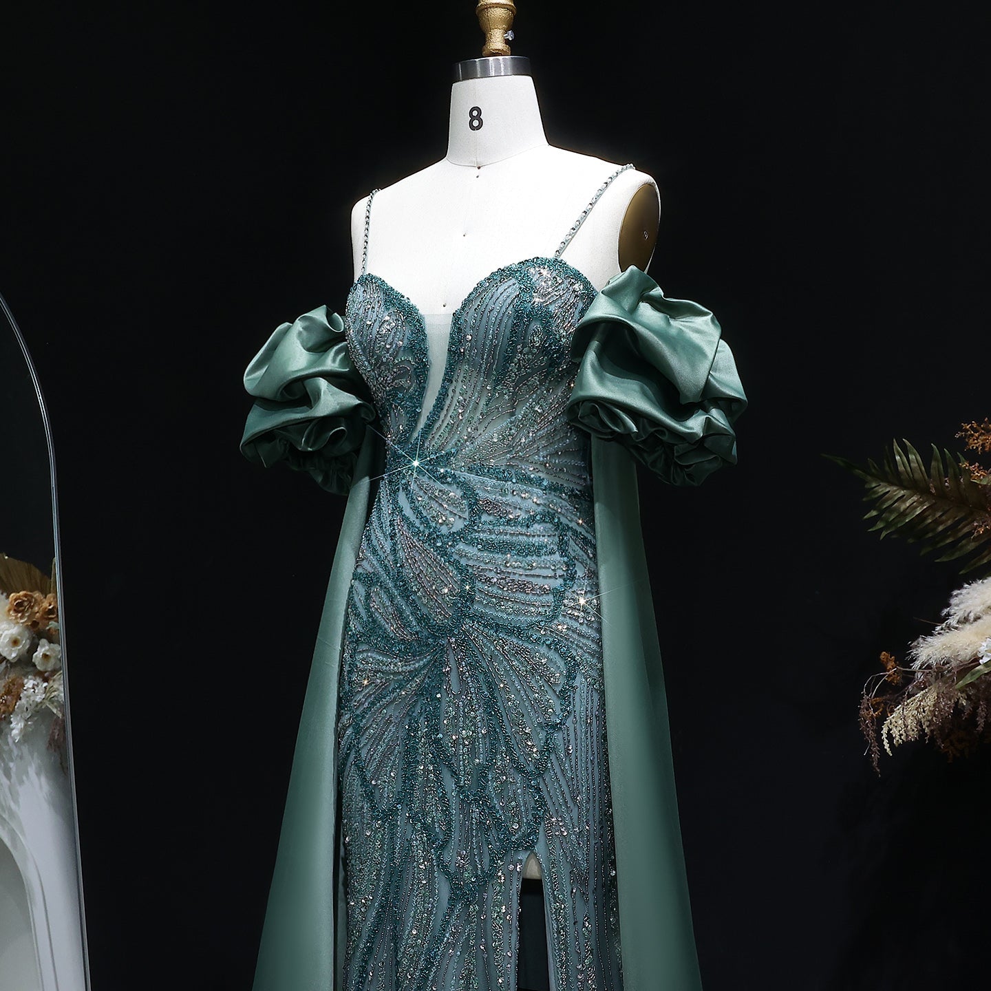 Luxury Lilac High-Slit Beaded Cape Evening Dress with Cap Sleeves SS157