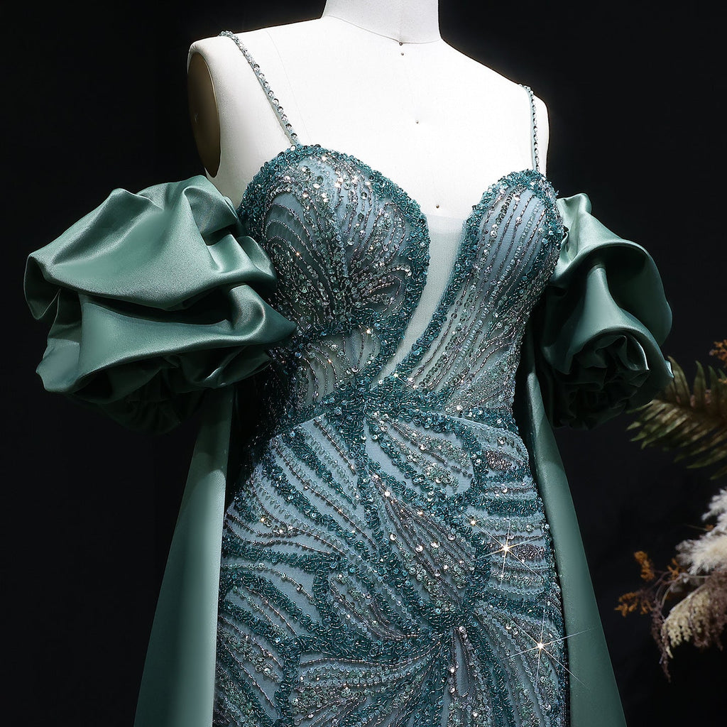 Luxury Lilac High-Slit Beaded Cape Evening Dress with Cap Sleeves SS157