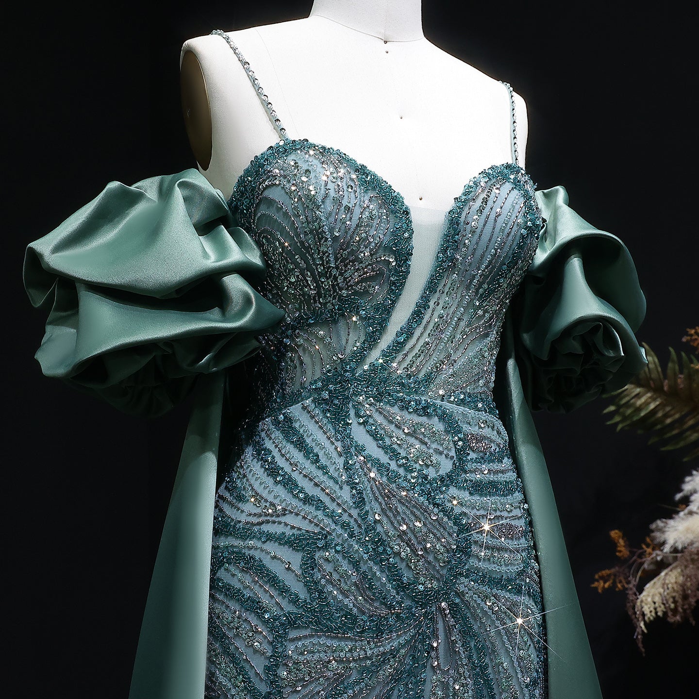 Luxury Lilac High-Slit Beaded Cape Evening Dress with Cap Sleeves SS157