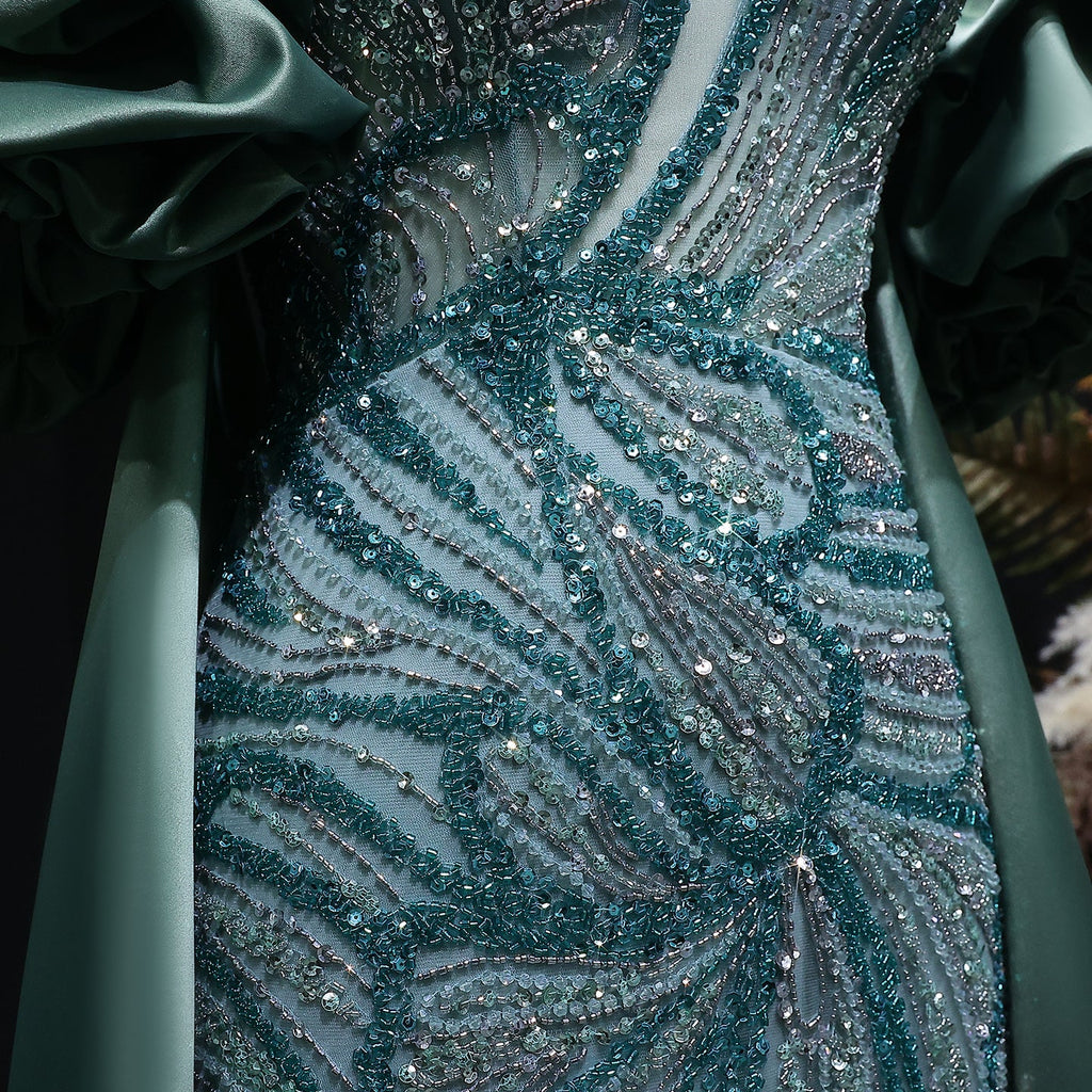 Luxury Lilac High-Slit Beaded Cape Evening Dress with Cap Sleeves SS157