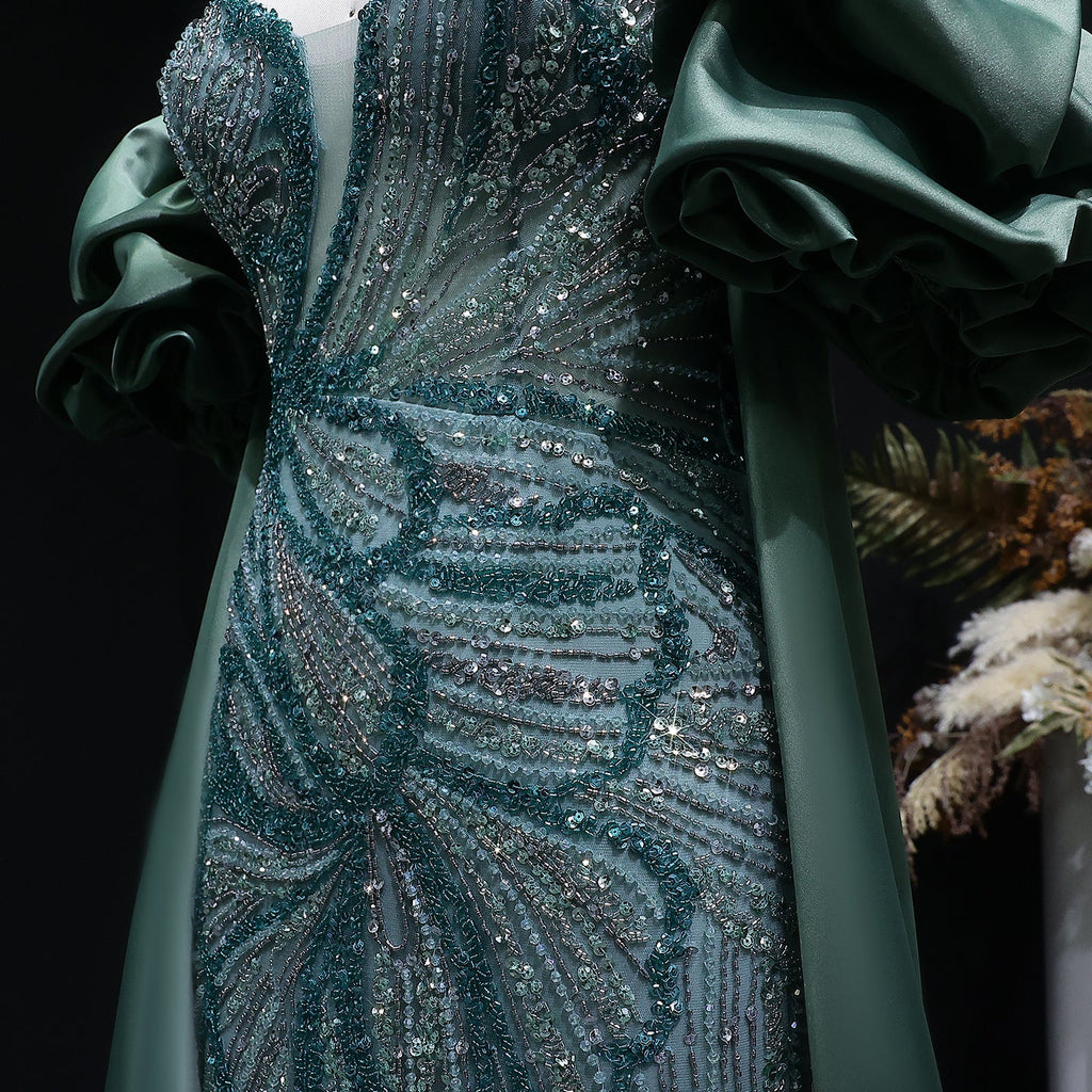 Luxury Lilac High-Slit Beaded Cape Evening Dress with Cap Sleeves SS157