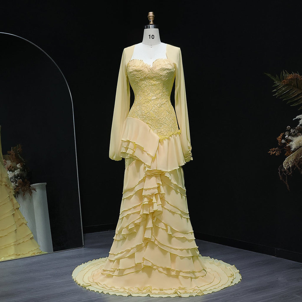 Elegant Yellow Tiered Ruffles Evening Dress with Cape Sleeve SF356