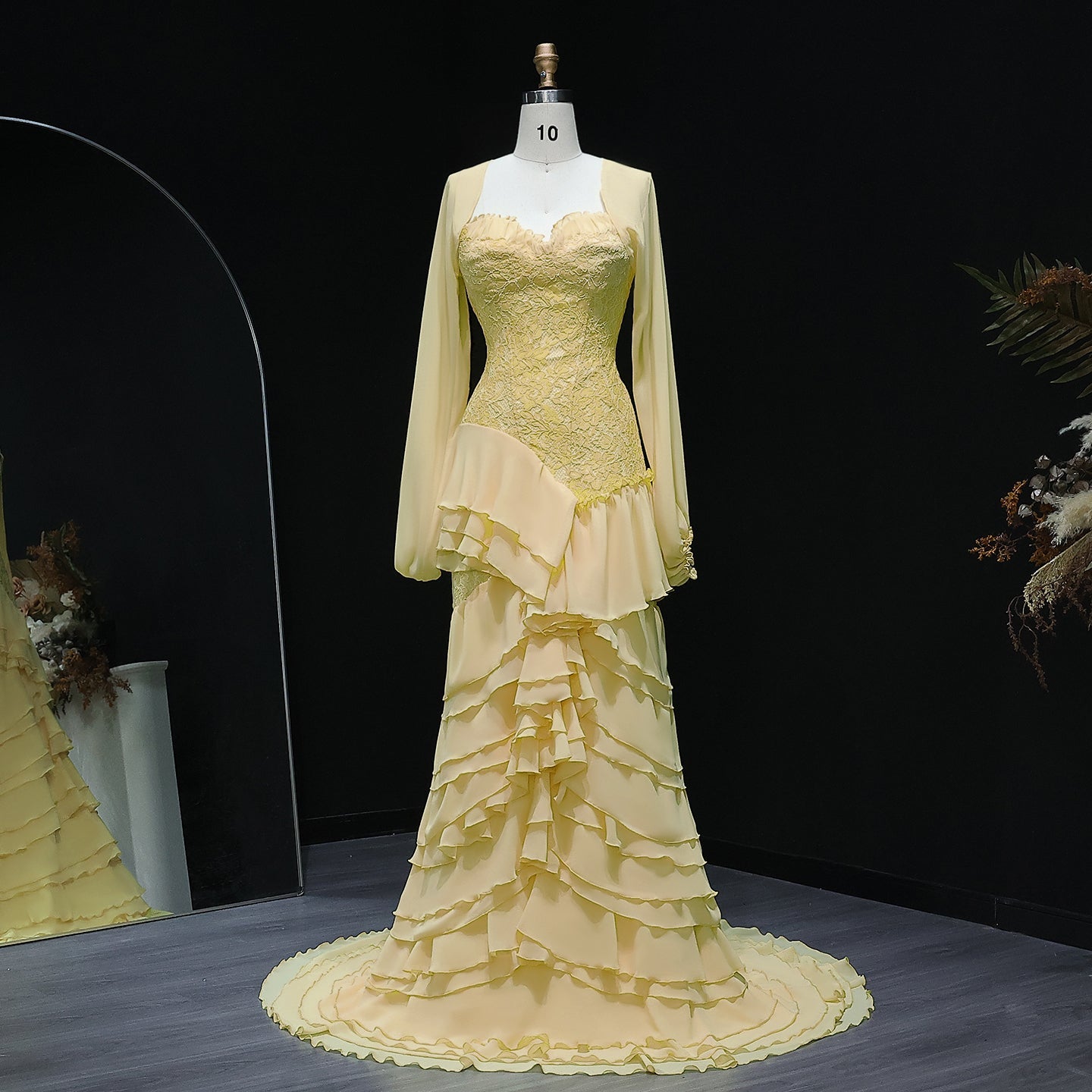 Elegant Yellow Tiered Ruffles Evening Dress with Cape Sleeve SF356