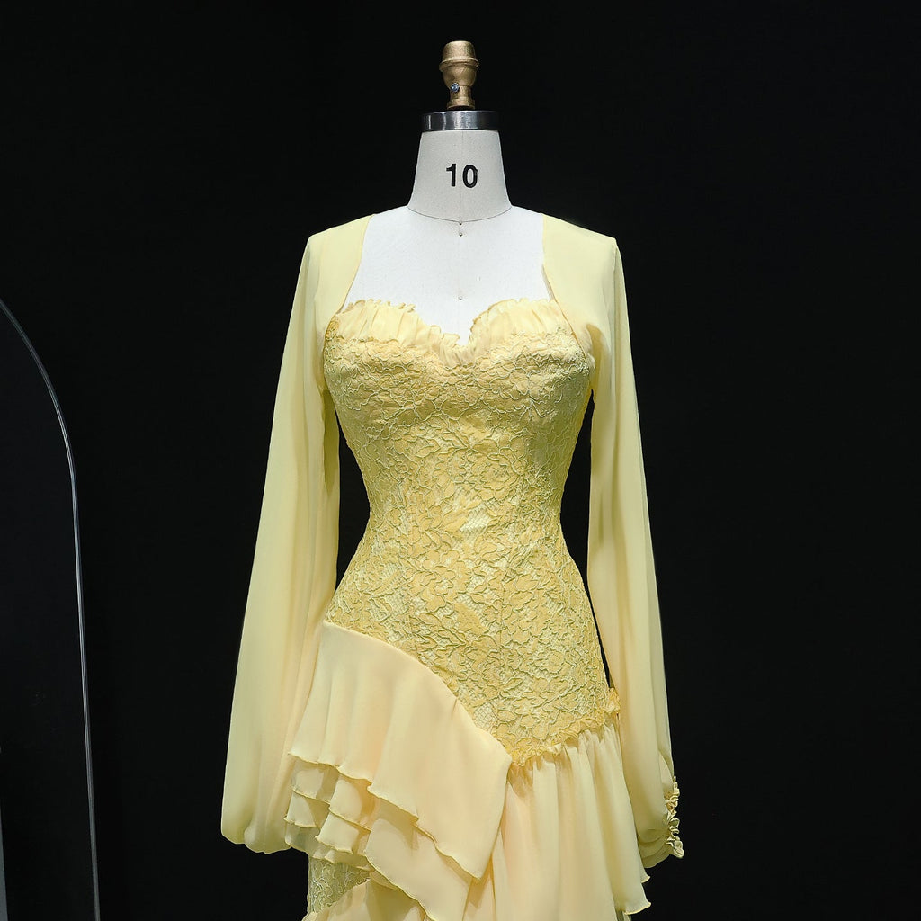 Elegant Yellow Tiered Ruffles Evening Dress with Cape Sleeve SF356