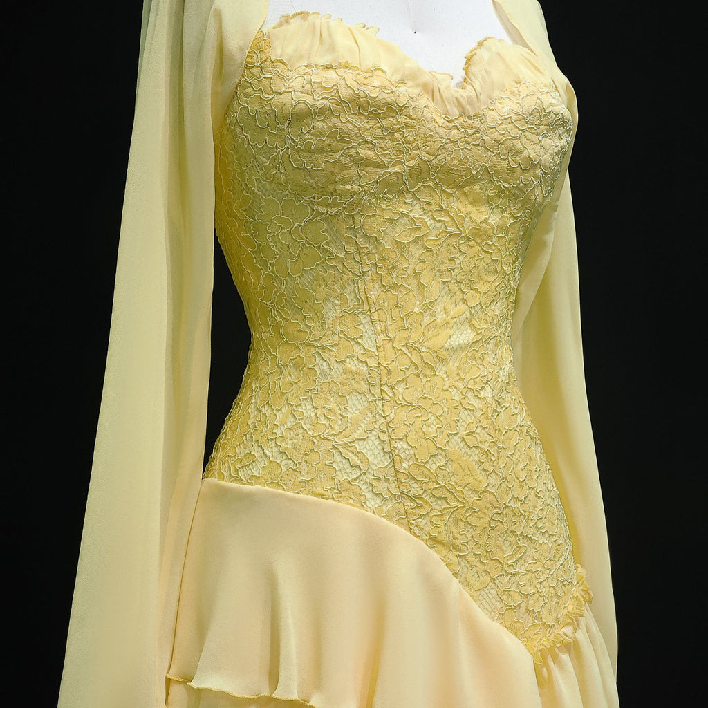 Elegant Yellow Tiered Ruffles Evening Dress with Cape Sleeve SF356