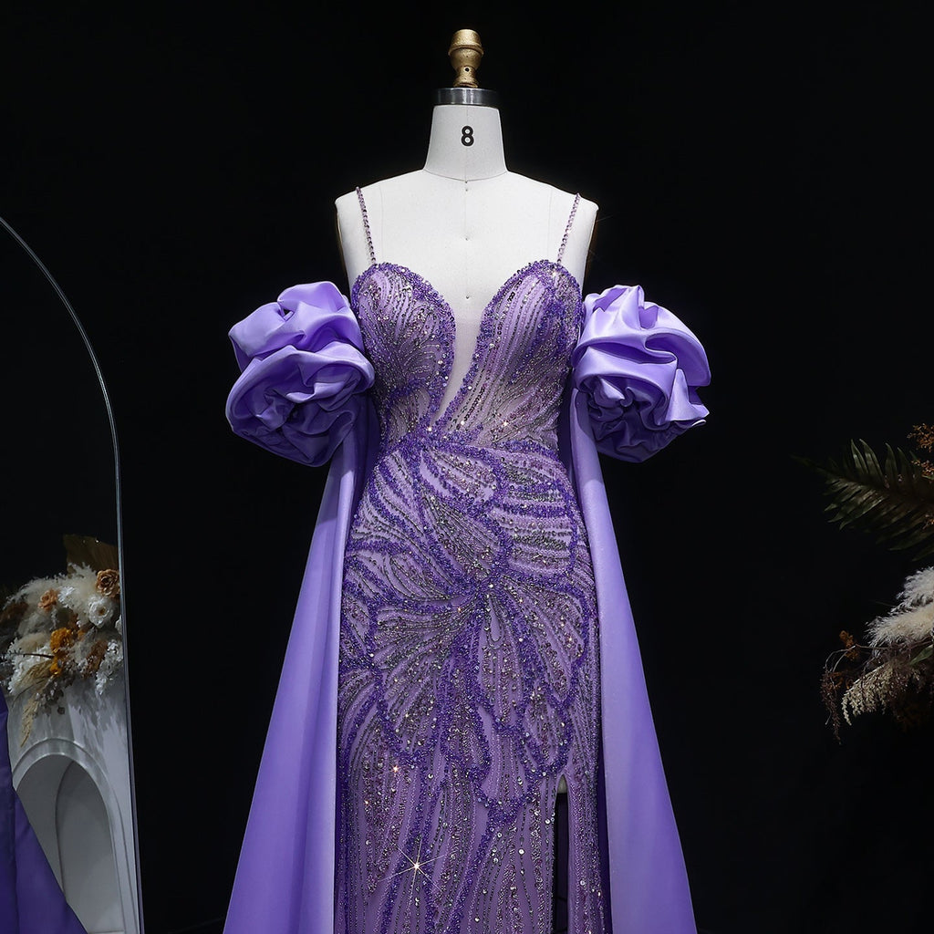 Luxury Lilac High-Slit Beaded Cape Evening Dress with Cap Sleeves SS157