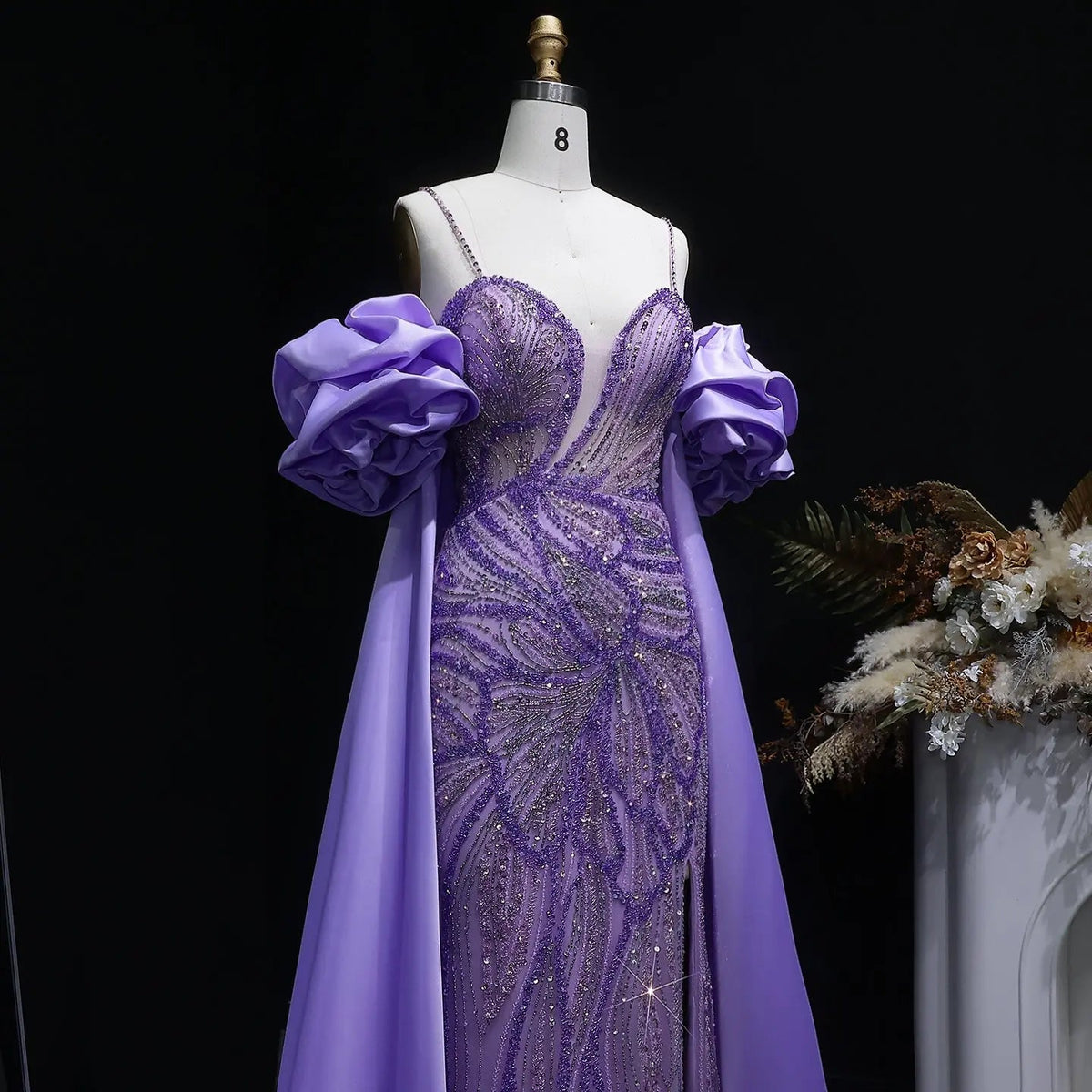 Luxury Lilac Beaded Cape High-Slit Evening Dress with Cap Sleeve SS157