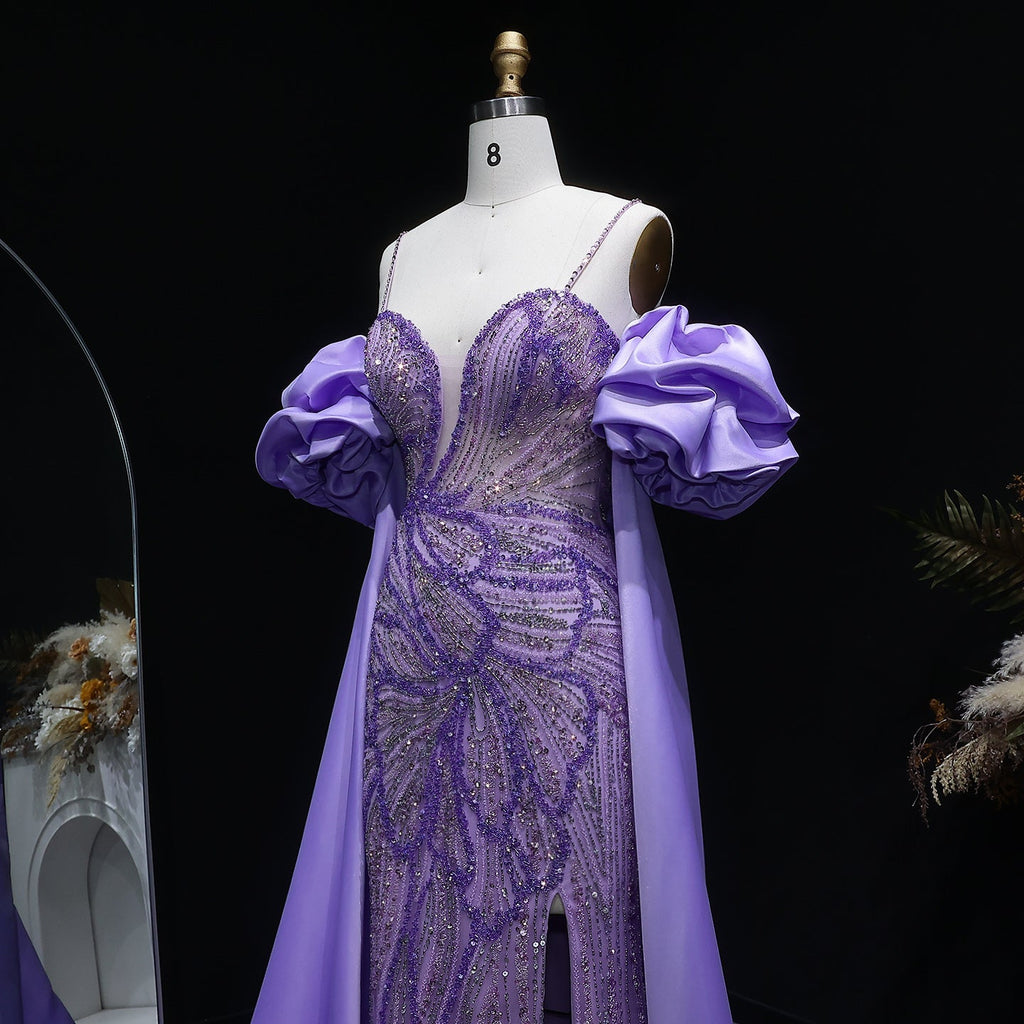 Luxury Lilac High-Slit Beaded Cape Evening Dress with Cap Sleeves SS157