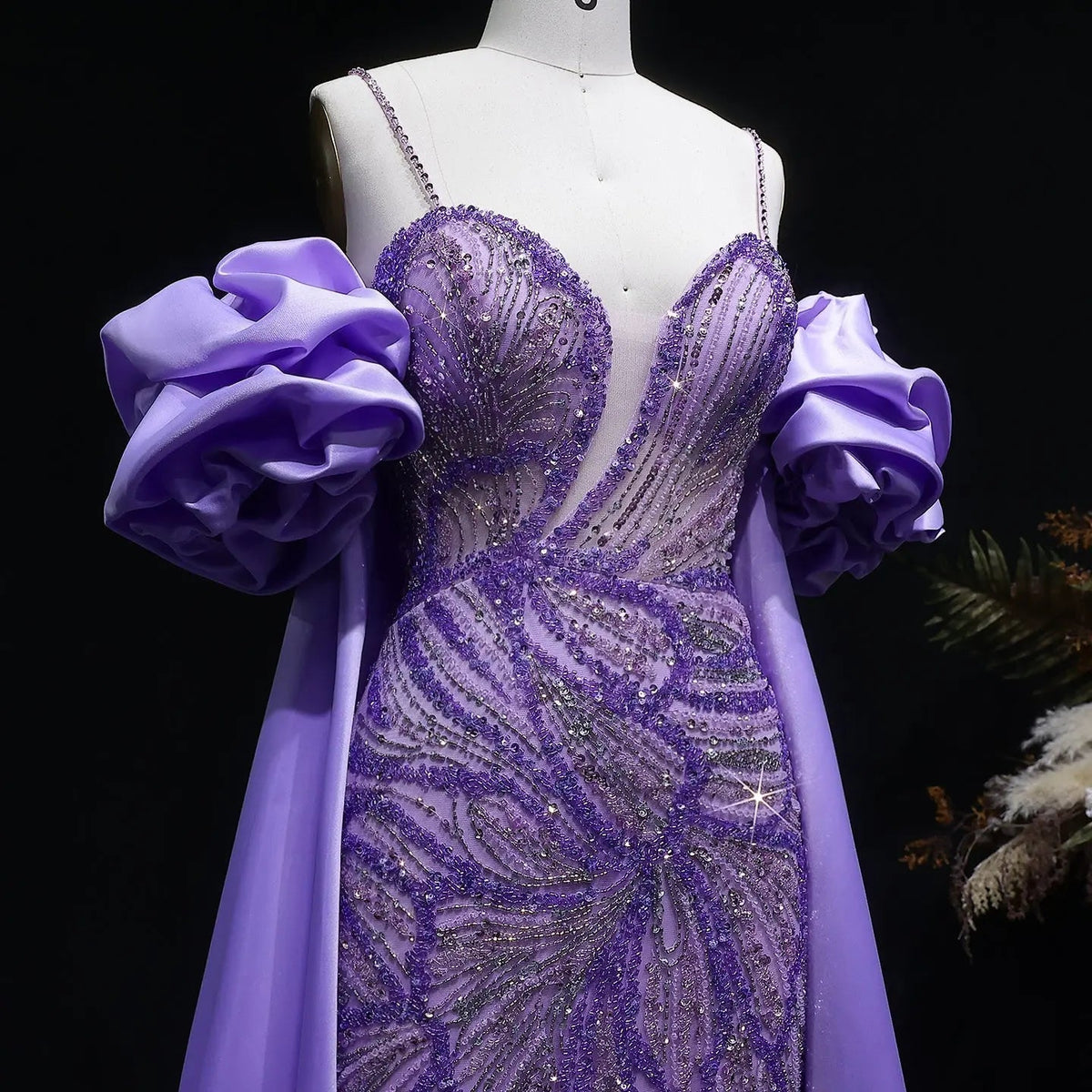 Luxury Lilac Beaded Cape High-Slit Evening Dress with Cap Sleeve SS157