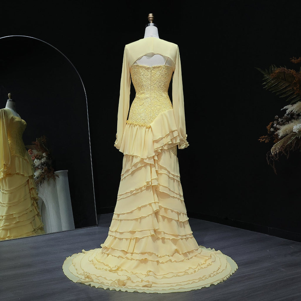 Elegant Yellow Tiered Ruffles Evening Dress with Cape Sleeve SF356