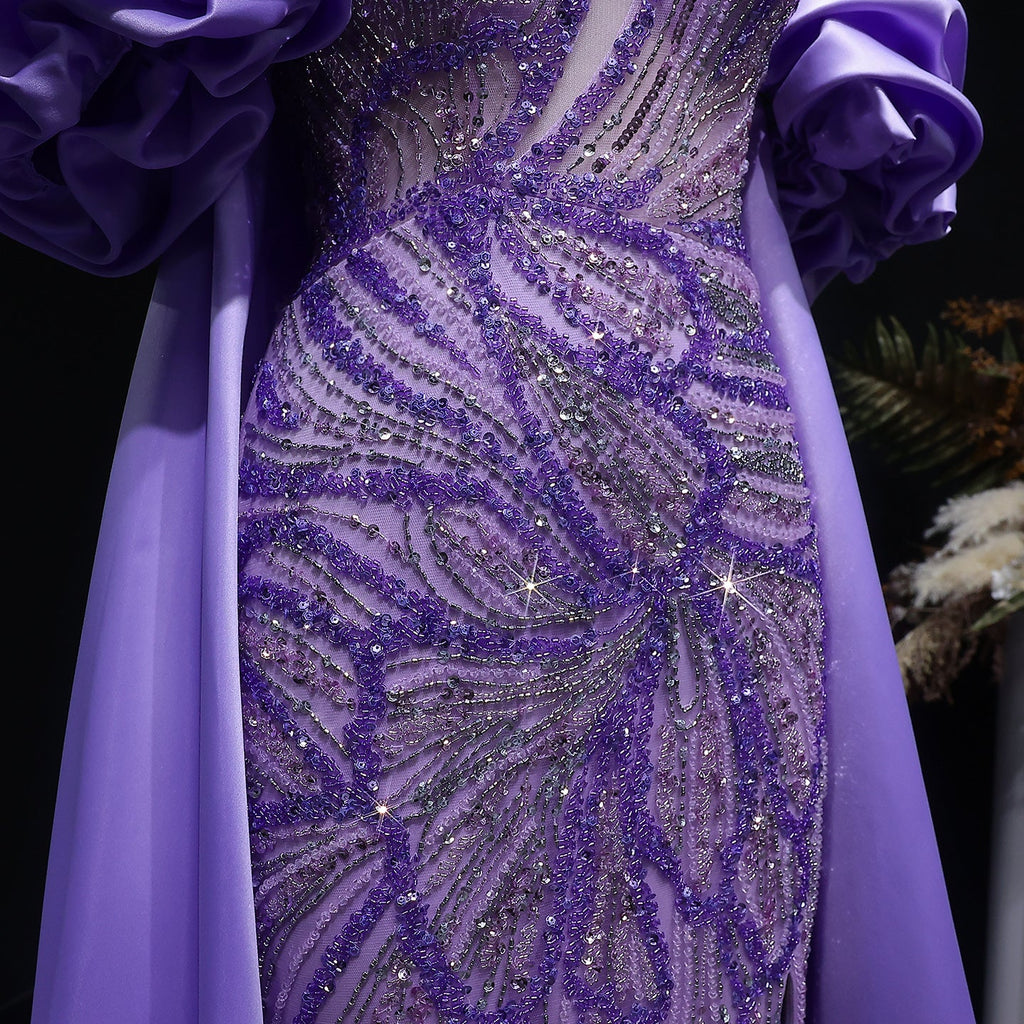 Luxury Lilac High-Slit Beaded Cape Evening Dress with Cap Sleeves SS157