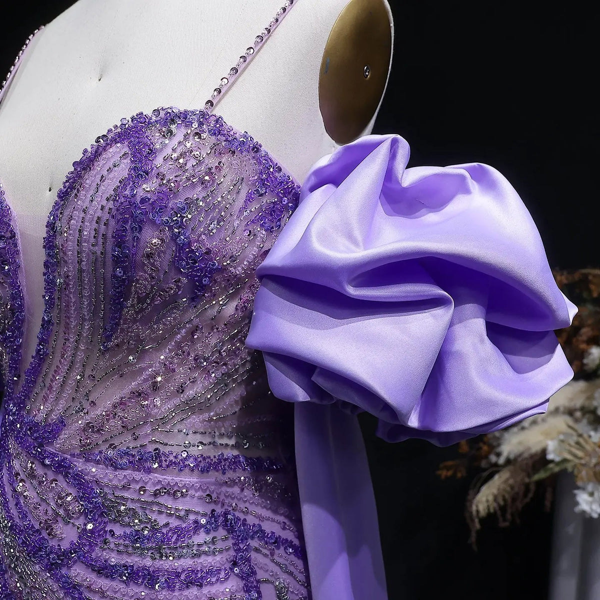 Luxury Lilac Beaded Cape High-Slit Evening Dress with Cap Sleeve SS157