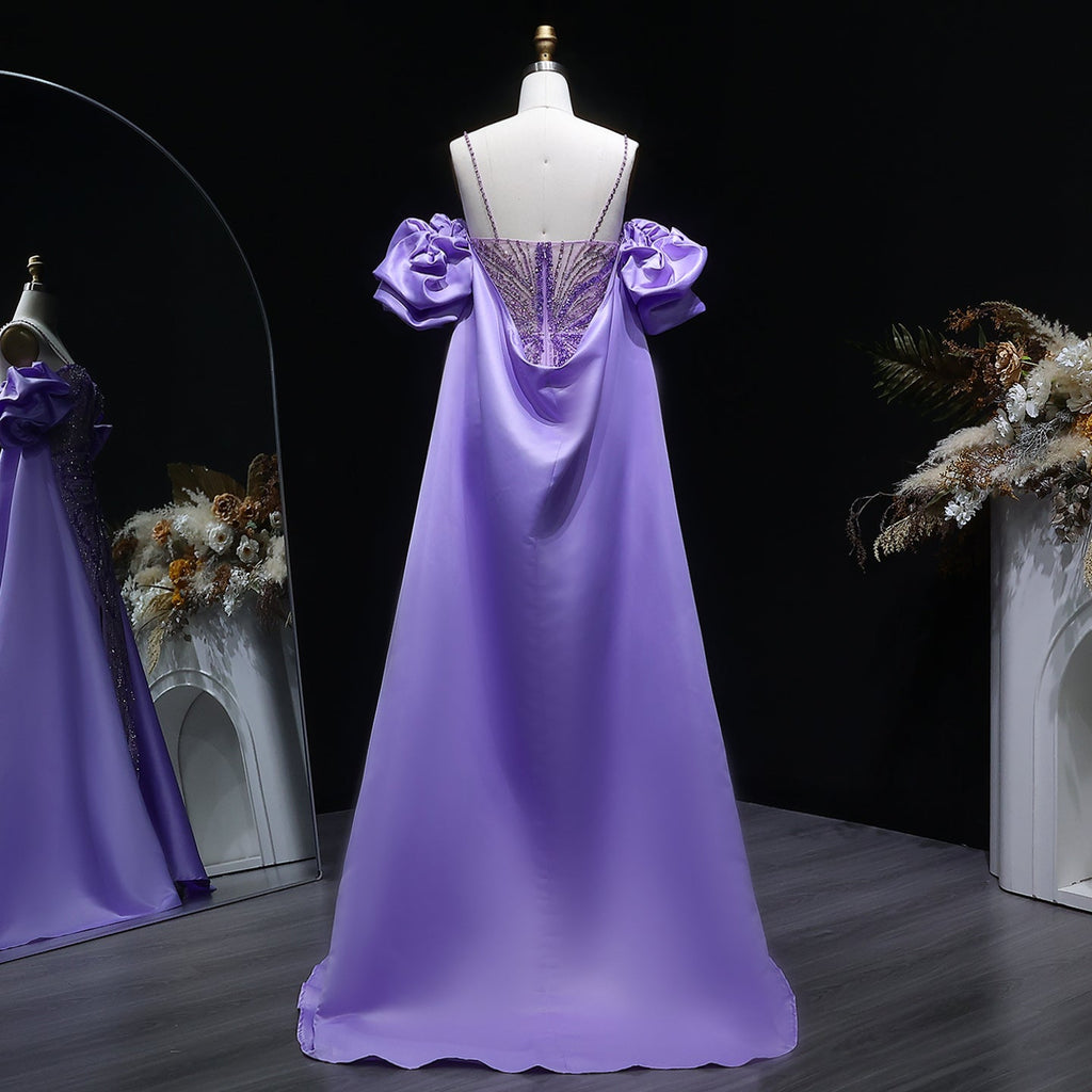 Luxury Lilac High-Slit Beaded Cape Evening Dress with Cap Sleeves SS157