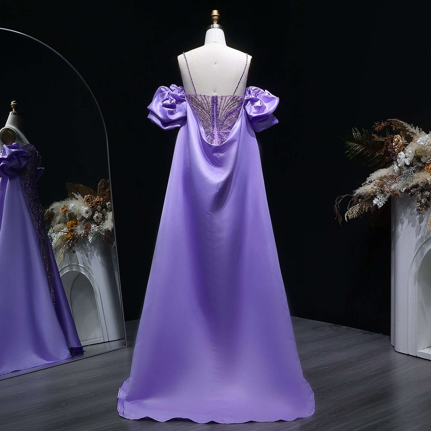 Luxury Lilac High-Slit Beaded Cape Evening Dress with Cap Sleeves SS157