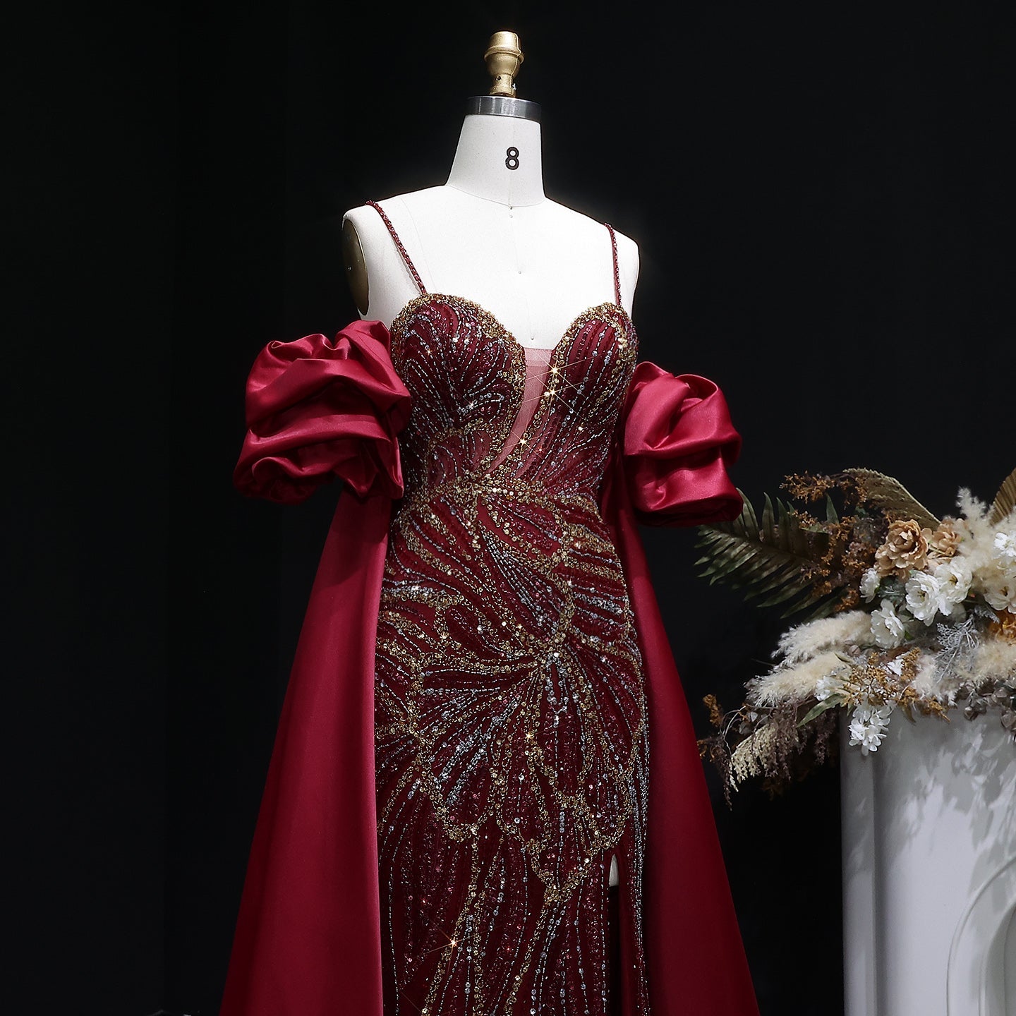 Luxury Lilac High-Slit Beaded Cape Evening Dress with Cap Sleeves SS157