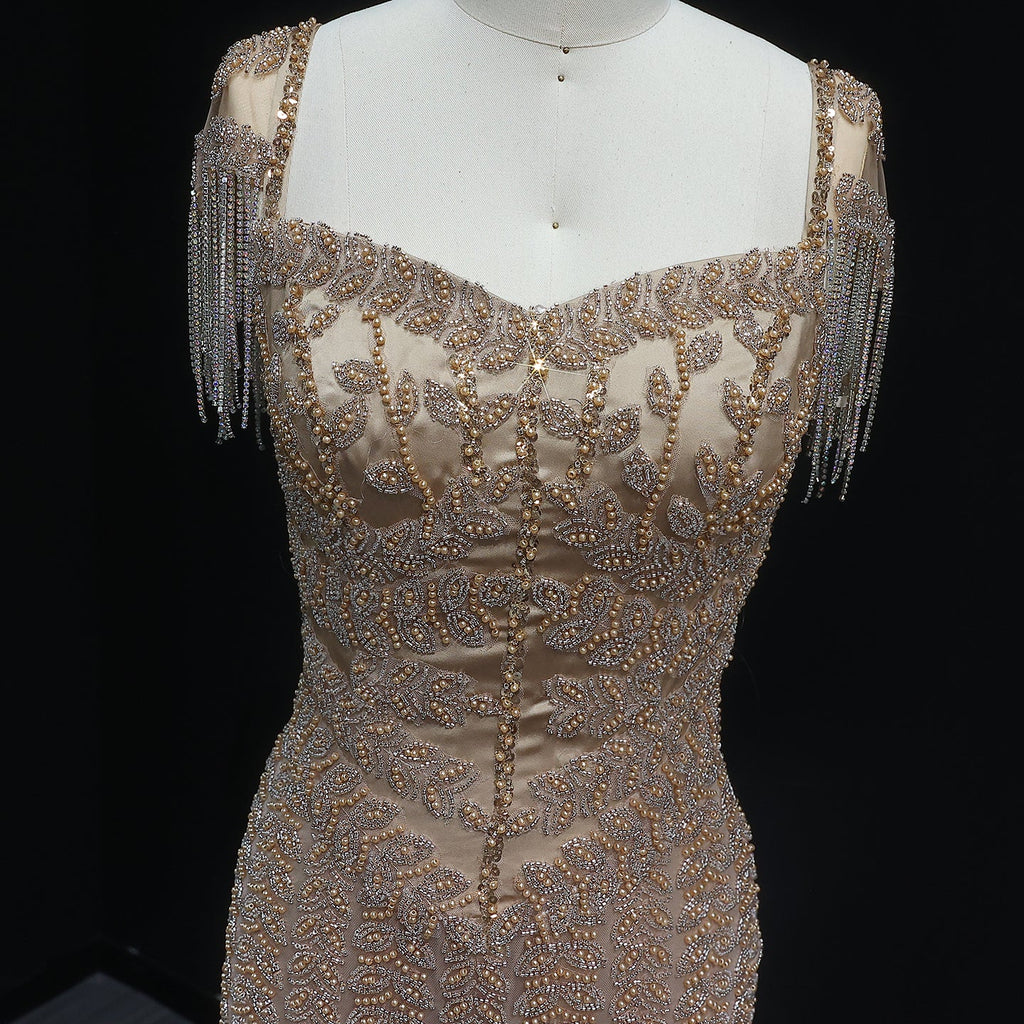 Luxury Tassel Cream Straight Evening Dress SS712