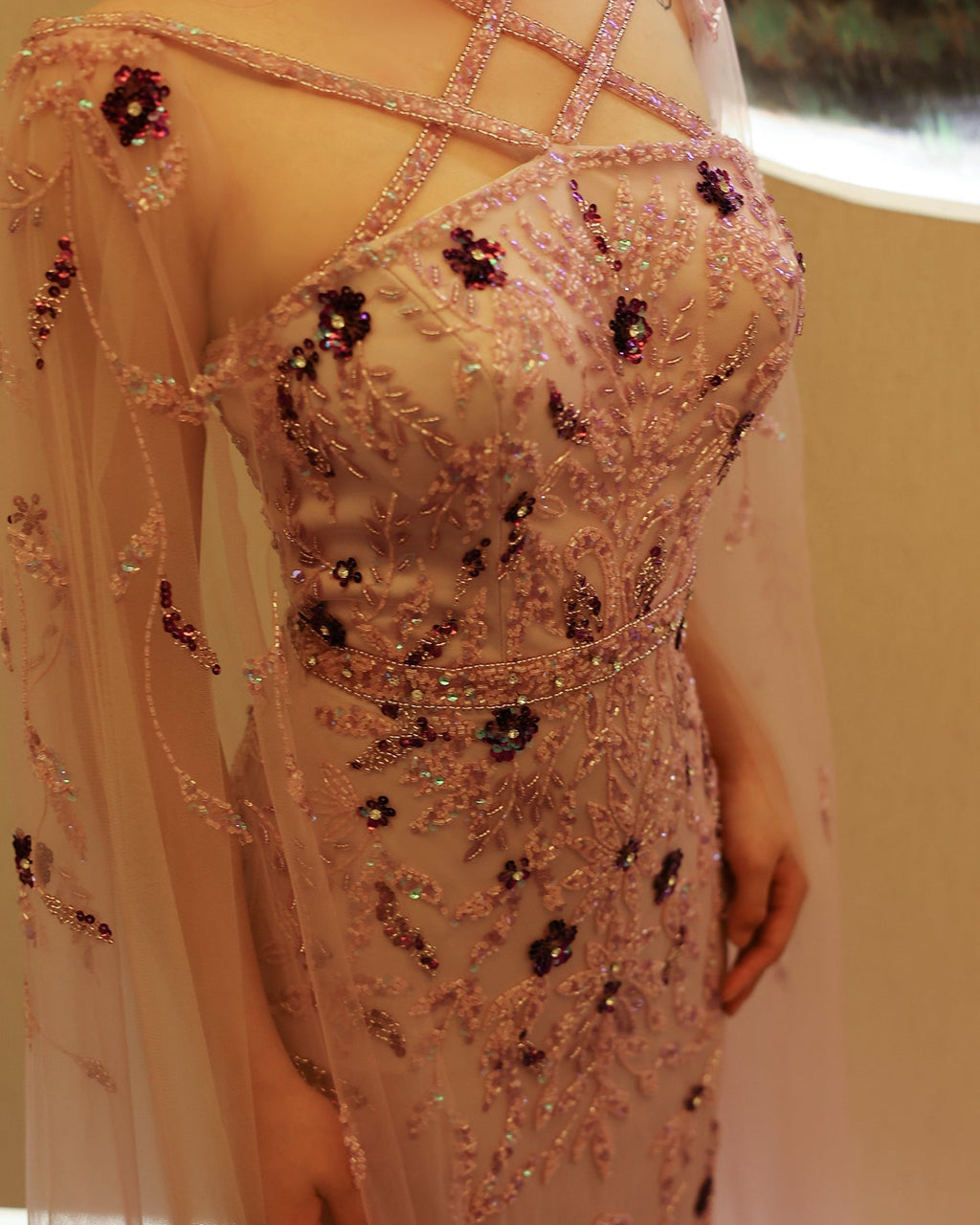Luxury Lilac Criss Cross Evening Dress with Cape Sleeves SS370