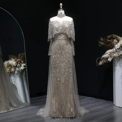 Luxury Gray Beaded Crystal Evening Dress with Cape SS557