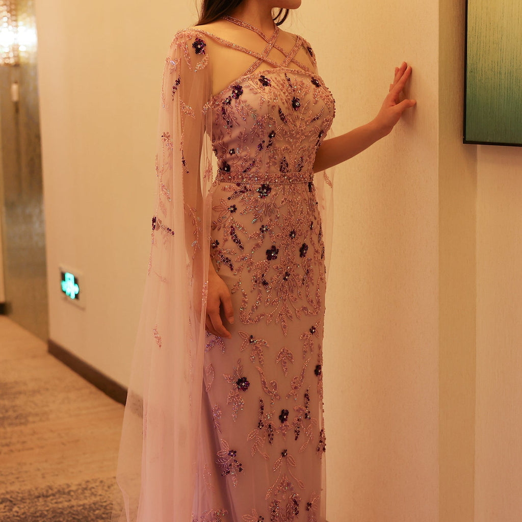 Luxury Lilac Criss Cross Evening Dress with Cape Sleeves SS370