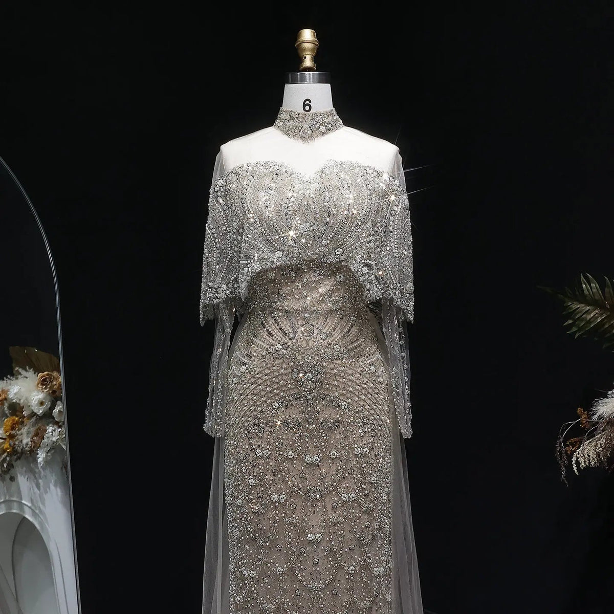 Luxury Gray Beaded Crystal Evening Dress with Cape SS557