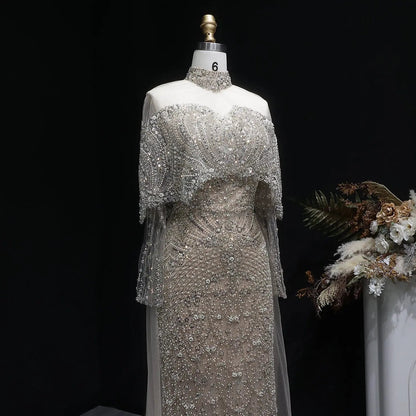 Luxury Gray Beaded Crystal Evening Dress with Cape SS557