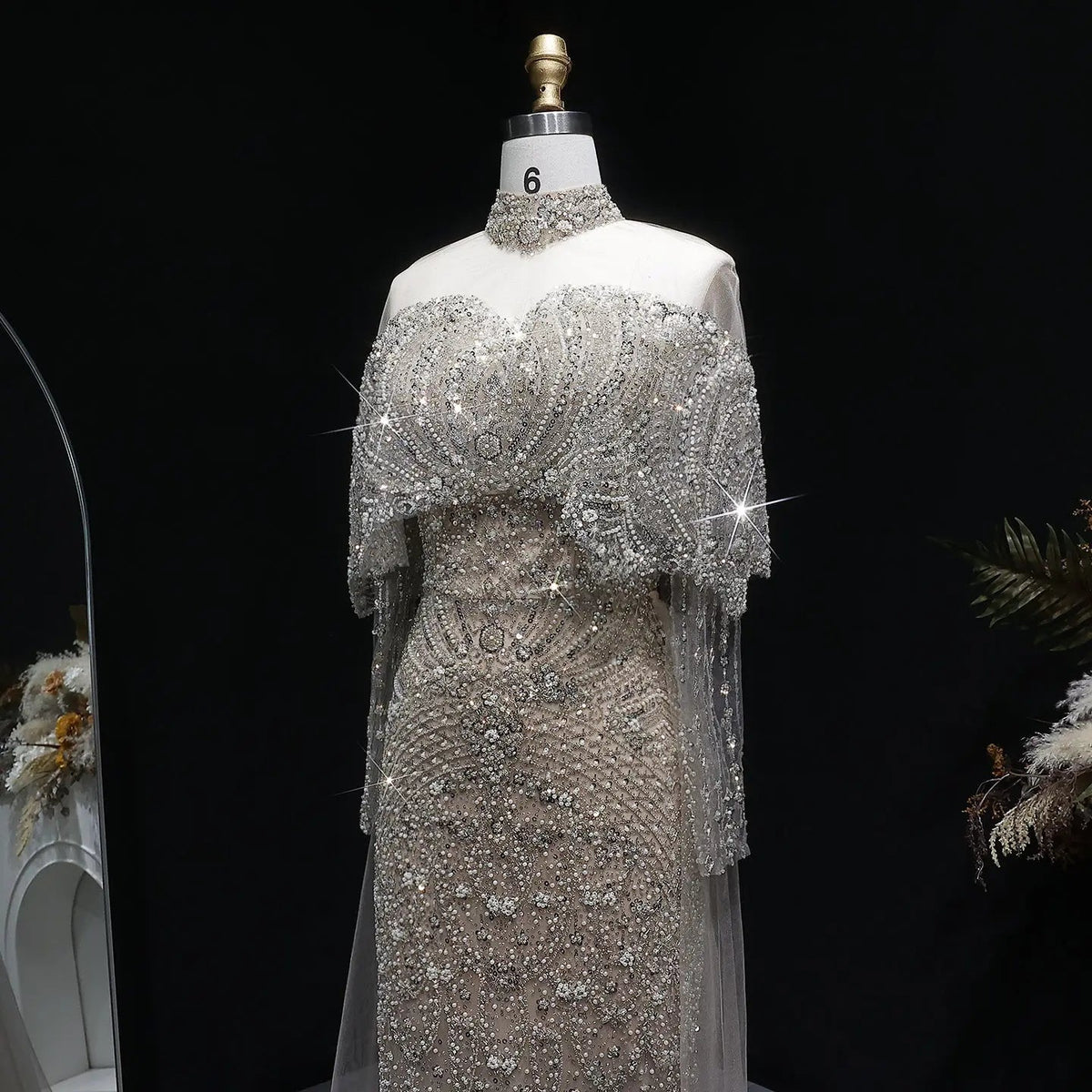 Luxury Gray Beaded Crystal Evening Dress with Cape SS557