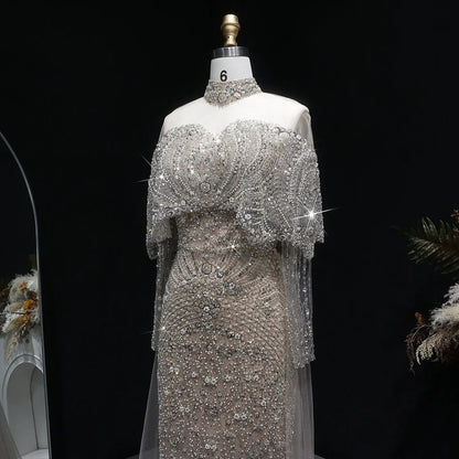 Luxury Gray Beaded Crystal Evening Dress with Cape SS557